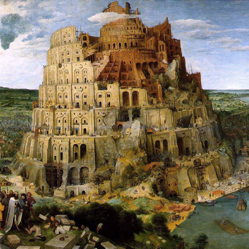 L'image représente la célèbre peinture de Pieter Bruegel l'Ancien intitulée "La Tour de Babel". On y voit une immense construction en spirale, symbolisant une tour inachevée qui atteint le ciel. La tour est dotée de nombreux niveaux avec des arcs et des fenêtres, et elle est entourée de paysages divers, y compris des villes et des corps d'eau. Plusieurs personnages sont visibles au premier plan, parmi lesquels des ouvriers qui semblent travailler à la construction de la tour. L'atmosphère est à la fois majestueuse et tragique, évoquant la chute de l'ambition humaine. Les cieux sont partiellement nuageux, ajoutant une dimension dramatisée à la scène.