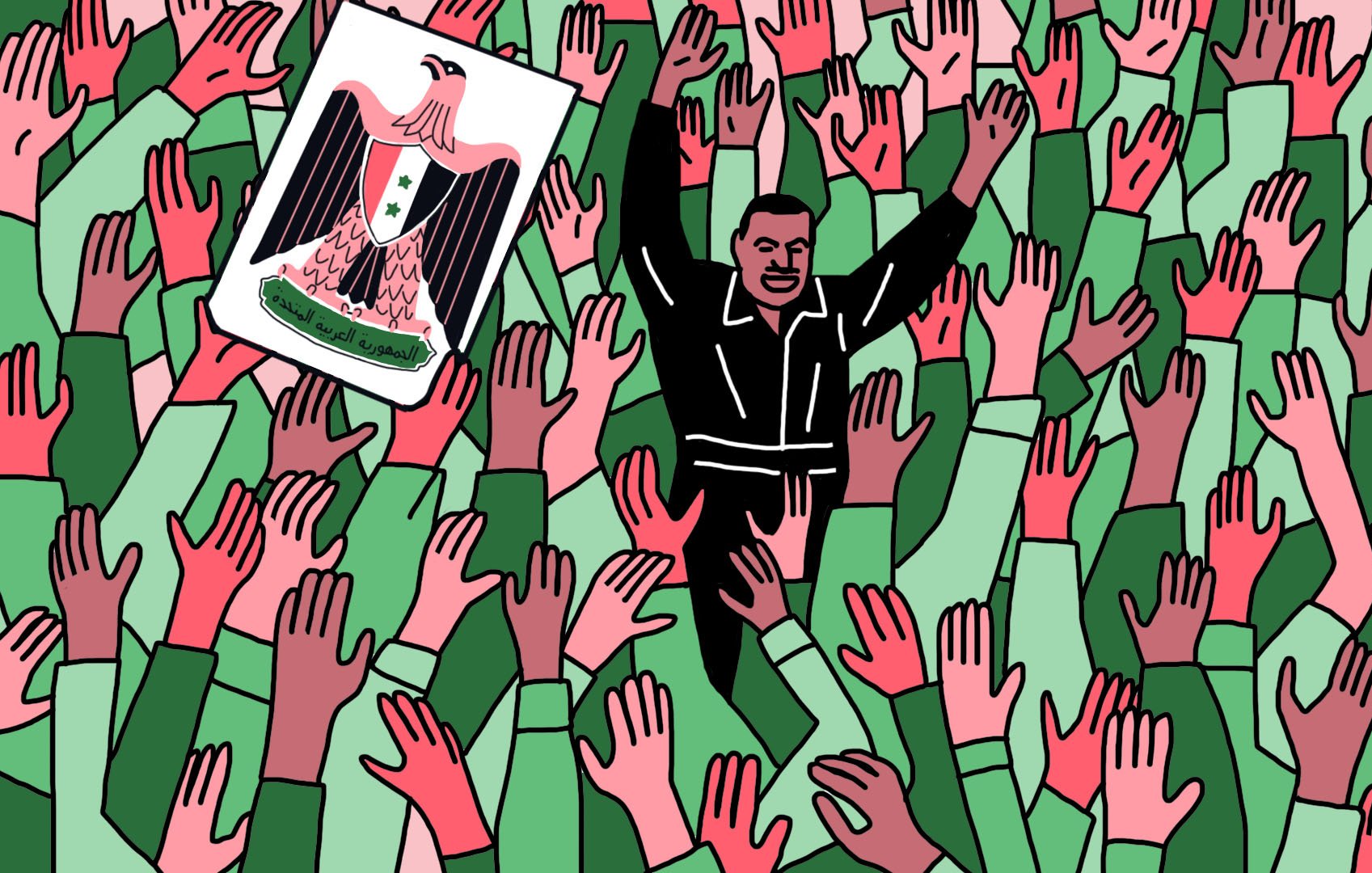 این تصویر جمعیتی بزرگ را نشان می‌دهد که در حال دست زدن و ابراز هیجان هستند. در مرکز تصویر، فردی با لباس سیاه که به نظر می‌رسد در حال سخنرانی است، دیده می‌شود. او دست‌هایش را بالا برده و به جمعیت پاسخ می‌دهد. همچنین، پرچم یا علامت حاکمیتی با نمادِ عقاب در سمت چپ تصویر وجود دارد. رنگ‌های تصویر عموماً سبز و قرمز هستند و حال و هوای شور و هیجان را منتقل می‌کند.