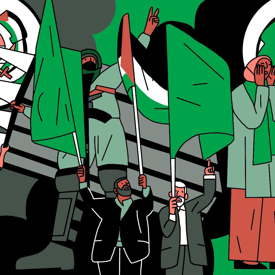 La imagen muestra una representación gráfica con un fondo verde y negro. Varias figuras sostienen banderas verdes, simbolizando unidad y protestas. Entre ellos, hay personas vestidas con ropa tradicional y otras en trajes más formales, lo que sugiere una mezcla de contextos. Detrás, se observa un vehículo militar y símbolos que podrían representar un movimiento o una causa específica. En el extremo derecho, hay una figura que parece estar haciendo un gesto de saludo o apoyo. La composición transmite un fuerte sentido de movilización y reivindicación.