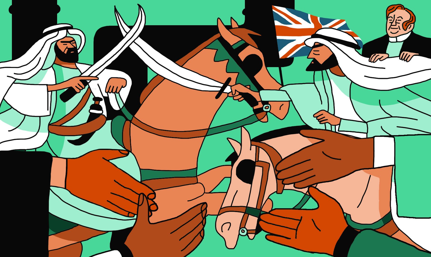 L'image montre une scène dynamique avec des cavaliers montés sur des chevaux. Les cavaliers portent des vêtements traditionnels et brandissent des épées. À l'arrière-plan, on peut apercevoir un drapeau britannique. Des mains se rejoignent au centre de l'image, symbolisant peut-être une collaboration ou un échange culturel. Les couleurs sont vives et créent une ambiance énergique.