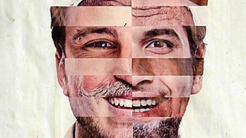 L'image représente un collage créatif constitué de plusieurs morceaux de visages, mélangés de manière artistique. On peut voir les traits d'un homme avec différentes textures et couleurs de peau, ainsi que des éléments comme des barbes et des coiffures variées, formant un visage composite. Ce mélange semble jouer sur les stéréotypes et les identités culturelles, tout en créant une image visuellement intrigante.