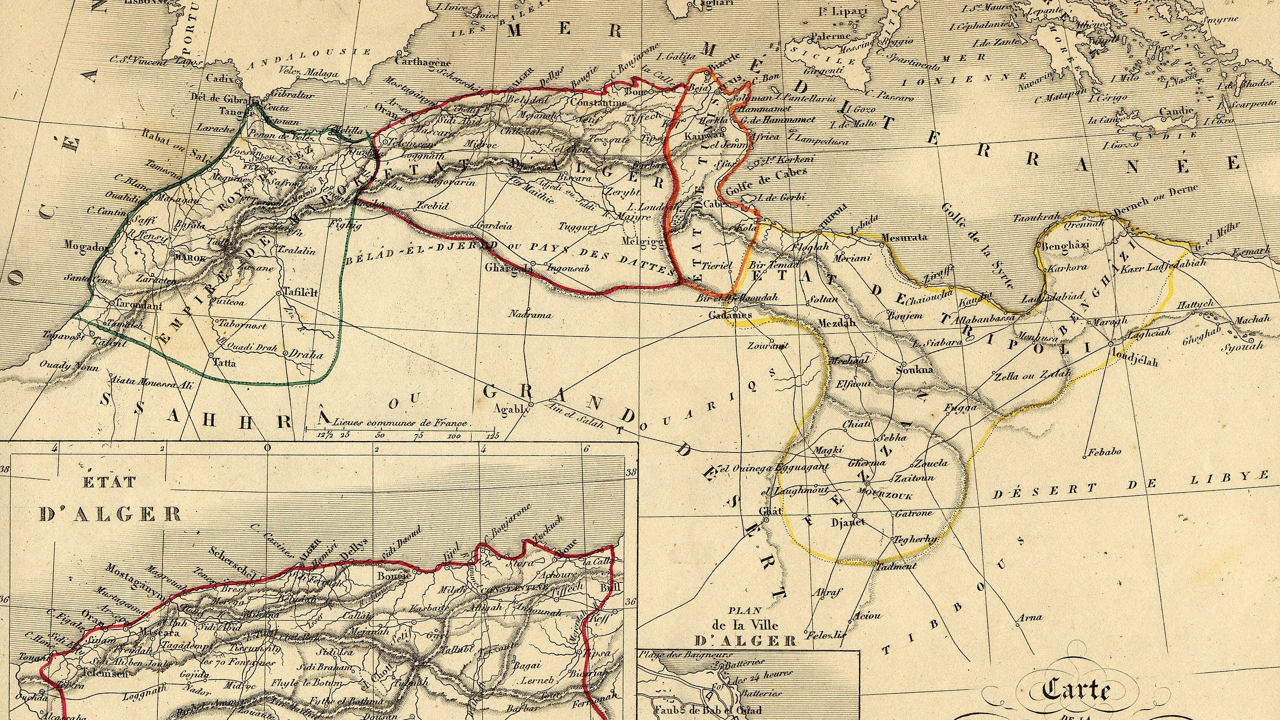 This image is an old map titled "Carte de Barbarie" that depicts the region of North Africa, specifically parts of Morocco, Algeria, and Tunisia. The map includes various geographical features such as mountains, rivers, and coastlines, marked with colors to differentiate borders and notable areas. In the lower inset, there's a more detailed view of the state of Algeria. The overall design reflects the cartography style of the time, featuring labels in French and artistic embellishments. The map provides historical insight into the territorial layout of the region during that period.
