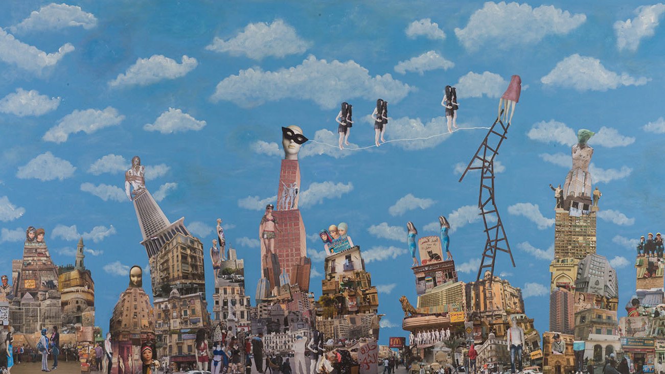صورة فنية ملونة تعبر عن مدينة خيالية مع معالم وأشخاص بتصاميم مبتكرة.