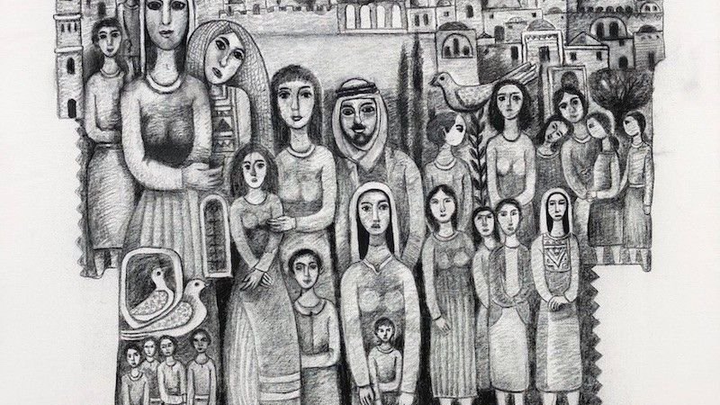 تظهر في الصورة مجموعة من الشخصيات مجسدة بأسلوب فني معبر، تمثل ثقافة وتاريخ منطقة الشرق الأوسط. الخلفية تحتوي على معالم معمارية شهيرة، مثل المساجد والمنازل التقليدية، مما يشير إلى أهمية المكان. الشخصيات تتوزع بشكل متوازن، بعضهم ينظر إلى الأمام وآخرون في وضعيات مختلفة، مما يضفي عمقًا على الصورة. العناصر الطبيعية مثل الأشجار والطيور تتواجد أيضًا، مما يعكس العلاقة بين الإنسان والطبيعة. أسلوب الرسم بالأبيض والأسود يزيد من شدة التعبير والعمق الفني.