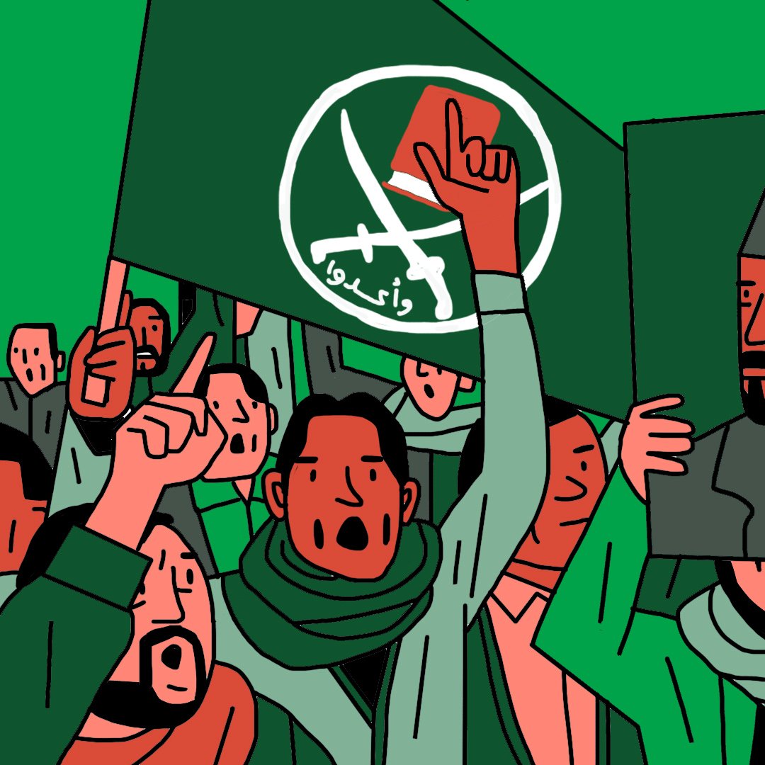 La imagen muestra a un grupo de personas reunidas, sosteniendo banderas y carteles. En el centro, hay un hombre que sostiene un retrato de otra persona, posiblemente un líder. La mayoría de las personas parecen estar animadas, levantando los brazos en señal de apoyo. La escena está marcada por colores predominantes en verde, con símbolos que podrían estar relacionados con un movimiento o ideología específica. La atmósfera refleja un sentimiento de protesta o celebración.