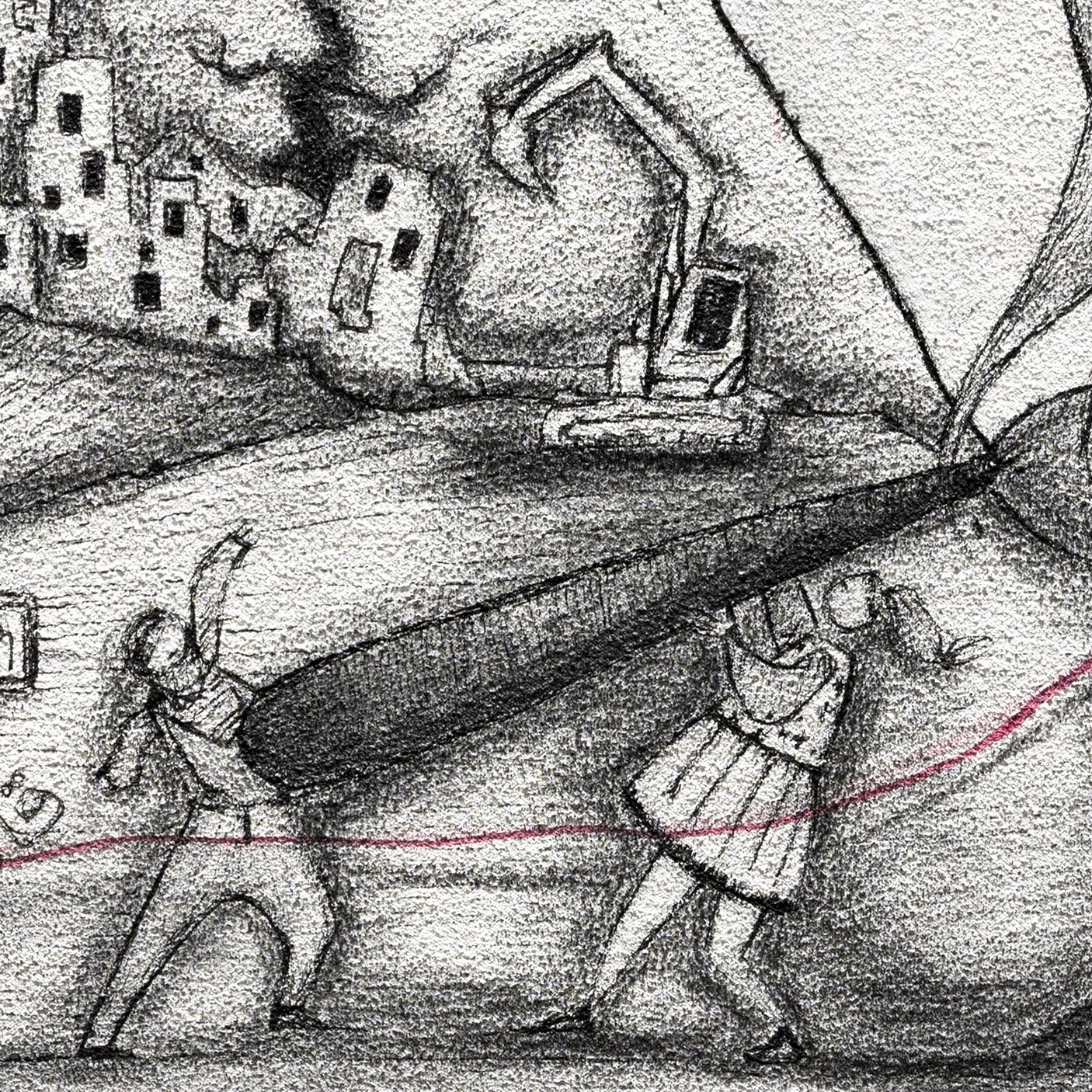 L'immagine presenta una scena emotiva e simbolica. Al centro, si vede la figura di una persona con un grande viso, da cui emergono elementi che rappresentano edifici distrutti e una ruspa, suggerendo un contesto di devastazione e ricostruzione. Due figure umane, una vestita in modo tradizionale e l'altra in abiti più moderni, stanno tirando una corda rossa che attraversa il quadro, simbolizzando la tensione e il conflitto. Sul lato destro, una macchia di rosso potrebbe rappresentare il dolore o il sacrificio. L'uso di ombre e linee morbide crea un'atmosfera intensa e riflessiva.