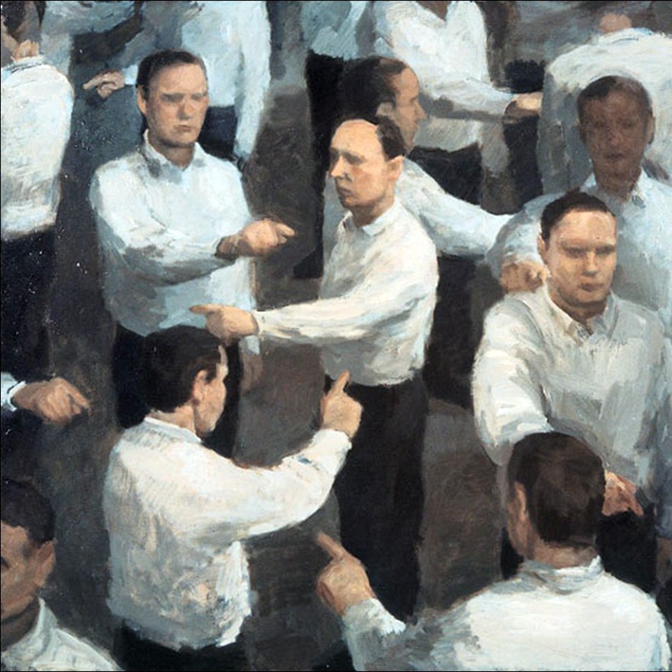 تظهر الصورة مشهدًا فنيًا معقدًا يتضمن مجموعة من الأشخاص الذين يرتدون قمصانًا بيضاء، ويبدو أنهم في حالة تشير أو توجيه أصابعهم. يتكرر الشكل الرئيسي للرجال في التكوين، مما يخلق إحساسًا بالازدواجية والحركة الديناميكية. يساهم استخدام الألوان والظلال في خلق جو من الانفعال والتركيز، حيث يبدو أن كل شخصية تعبر عن حالة أو شعور مختلف.