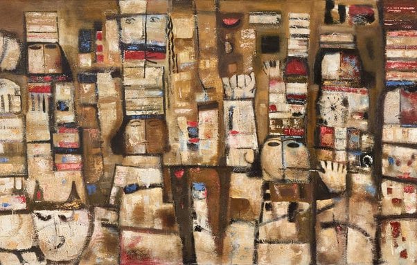 Composition abstraite avec des formes géométriques et des couleurs terreuses, évoquant une ville.