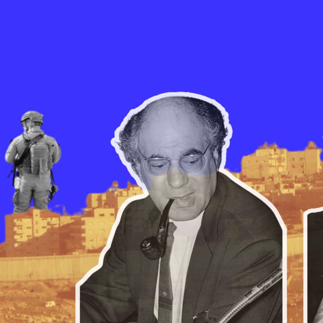 این تصویر شامل دو شخصیت است که ترکیبی از رنگ‌های مختلف و پس‌زمینه‌ای با تصویر شهری دارد. سمت چپ شخصی را با عینک و لوله‌کش مشاهده می‌کنیم که در حال نوشتن است. سمت راست، شخص دیگری با موی فر و حالت تفکر را می‌بینیم. پس‌زمینه تصویر نیز شامل ساختمانی و رنگ‌های زنده است که توجه را جلب می‌کند. در گوشه تصویر، یک سرباز نیز دیده می‌شود که نمایی از فعالیت‌های نظامی را به تصویر می‌کشد.