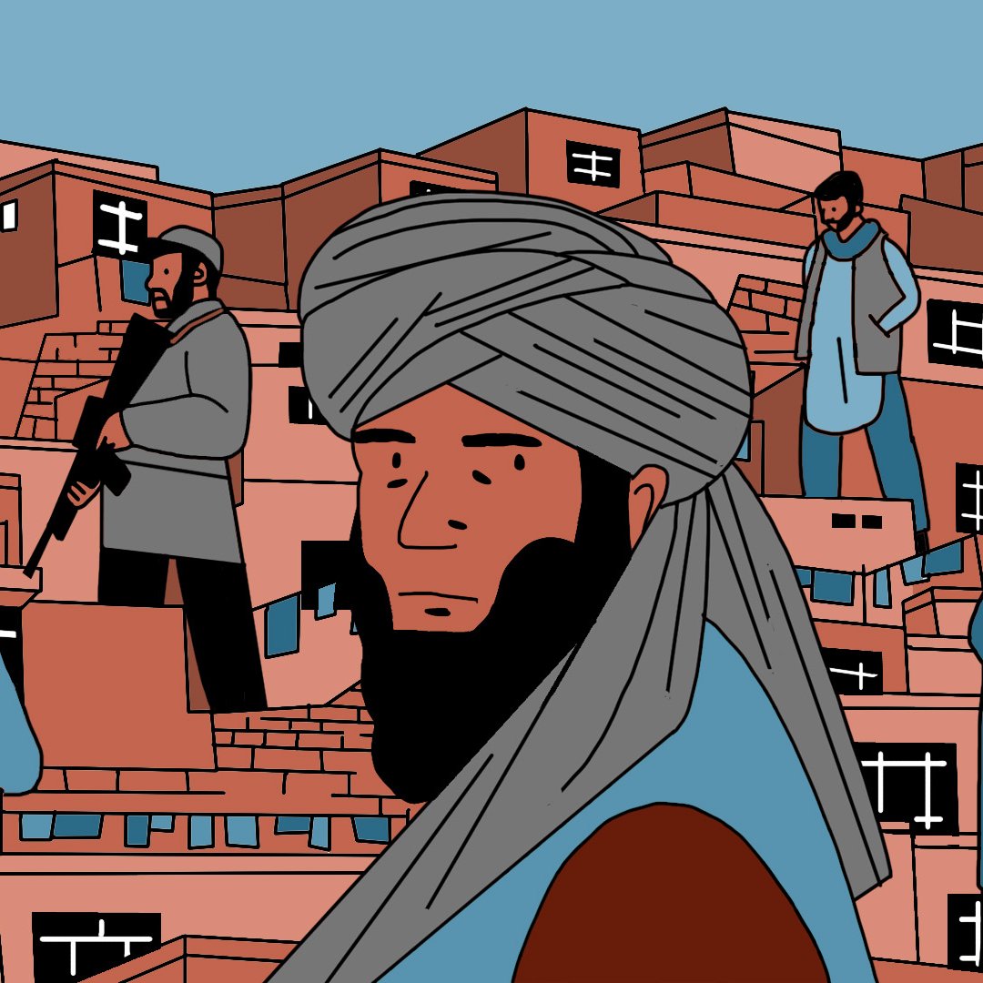 La imagen muestra una escena urbana en un entorno que parece ser un área de viviendas. Hay varias figuras humanas en diferentes posturas y actividades, algunas personas llevan vestimenta tradicional. En el fondo, se pueden ver edificios de colores terracota y un avión en el cielo. La atmósfera es algo melancólica, y la ilustración utiliza una paleta de colores cálidos.