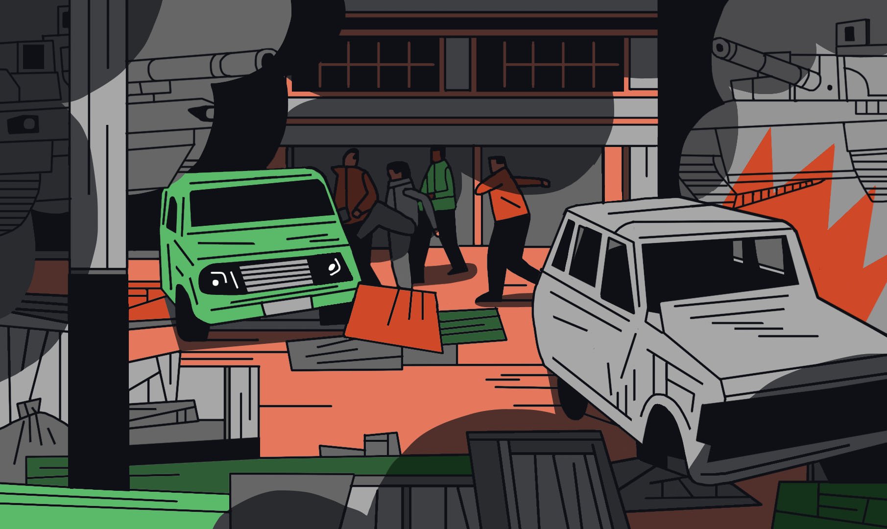 La imagen muestra una escena caótica con varios vehículos, como una furgoneta verde y un coche blanco, en un entorno desordenado. Hay personas en el centro que parecen estar en movimiento, rodeadas de escombros y estructuras destruidas. Se perciben tanques en el fondo, sugiriendo un ambiente de conflicto o guerra, y la paleta de colores combina tonos grisáceos con detalles en verde y naranja, lo que añade una sensación de lucha y tensión.