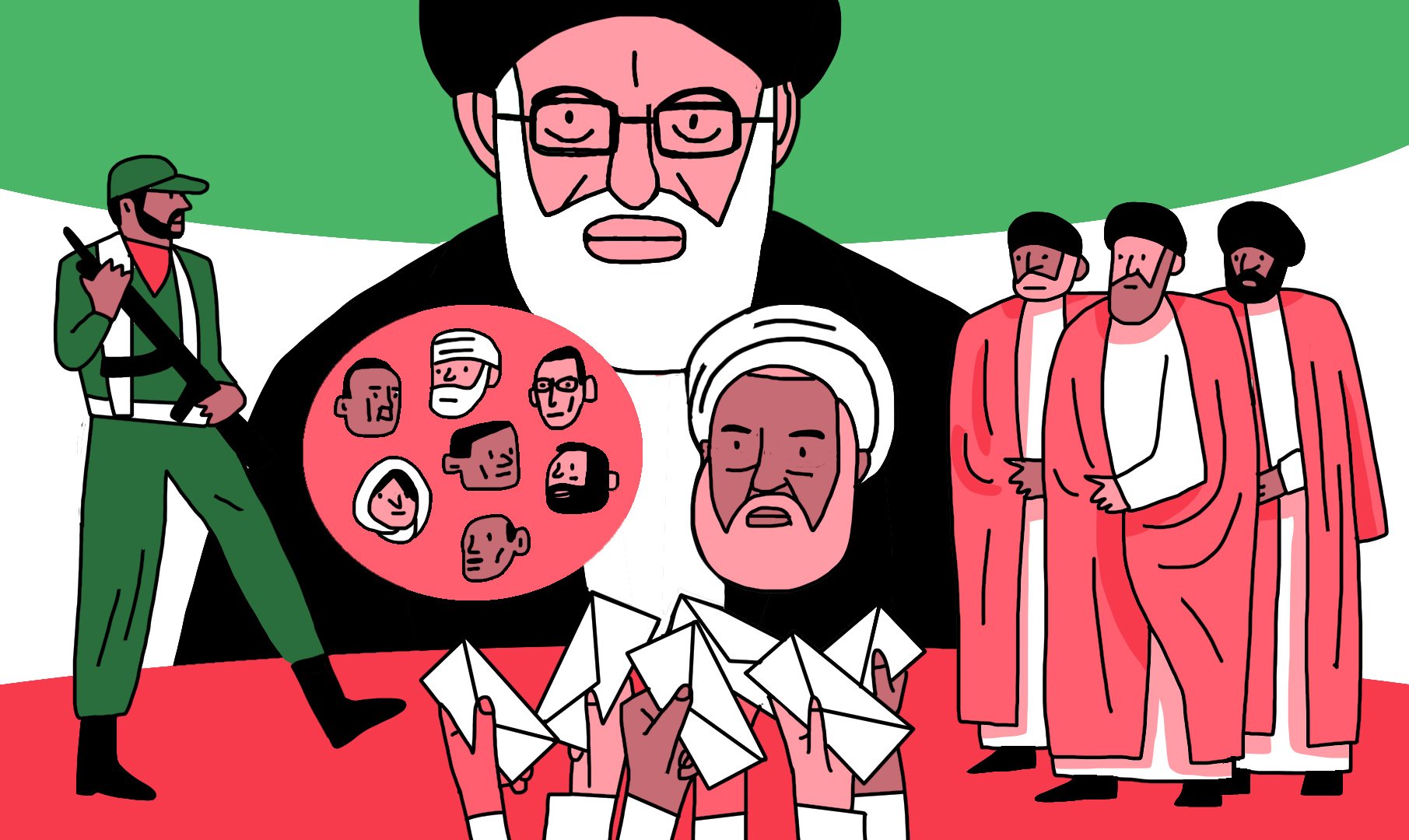 La imagen presenta una ilustración con varios elementos simbólicos. En el centro, se destaca una figura que parece ser un líder religioso, con barba y gafas, rodeado de un fondo que incluye los colores verde y blanco, que podrían representar la bandera de Irán. A su lado, hay un soldado armando, lo que sugiere un contexto militar o de defensa. En la parte inferior, se muestran varias cartas o sobres, que podrían simbolizar elecciones o comunicaciones. Además, hay un grupo de personajes estilizados, que podrían representar a diferentes sectores de la sociedad o a personas afectadas por un conflicto. La imagen transmite una sensación de tensión política y social.