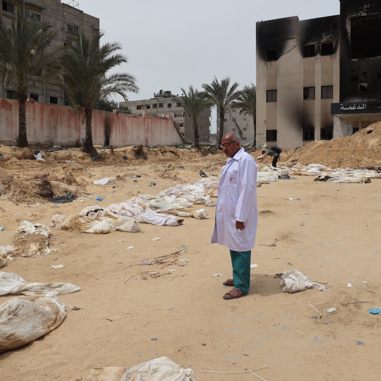 L'immagine mostra un paesaggio desolato e drammatico, caratterizzato da un terreno sabbioso. Al centro, un uomo in un camice bianco osserva un'area circondata da edifici danneggiati, con alcuni segni di distruzione visibili sullo sfondo. Intorno a lui ci sono sacchi bianchi disposti a terra, che suggeriscono una scena di grande sofferenza e perdita. Palme si ergono sullo sfondo, ma l'atmosfera generale è segnata da un senso di tristezza e desolazione.