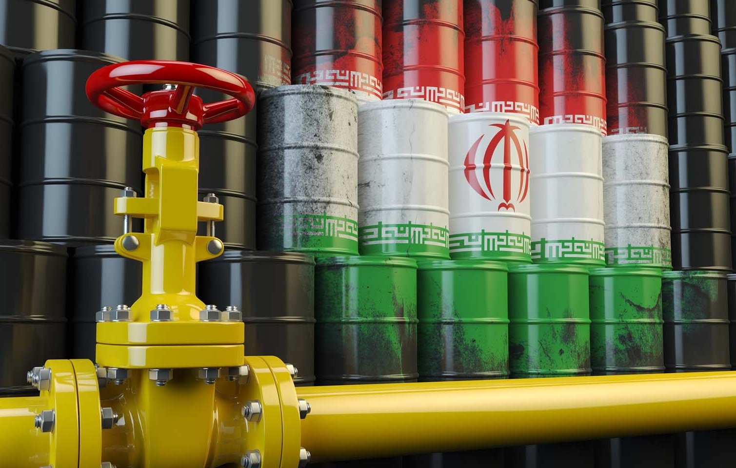 تصویر نشان‌دهنده یک شیر کنترل زرد رنگ است که به یک لوله متصل شده است. در پس‌زمینه، بشکه‌های نفتی با رنگ‌های نشان‌دهنده پرچم ایران به نمایش درآمده‌اند. این بشکه‌ها به رنگ‌های سبز، سفید و قرمز هستند و نماد هویت ملی ایران را تشکیل می‌دهند. این تصویر به وضوح به صنعت نفت و منابع انرژی در ایران اشاره دارد.