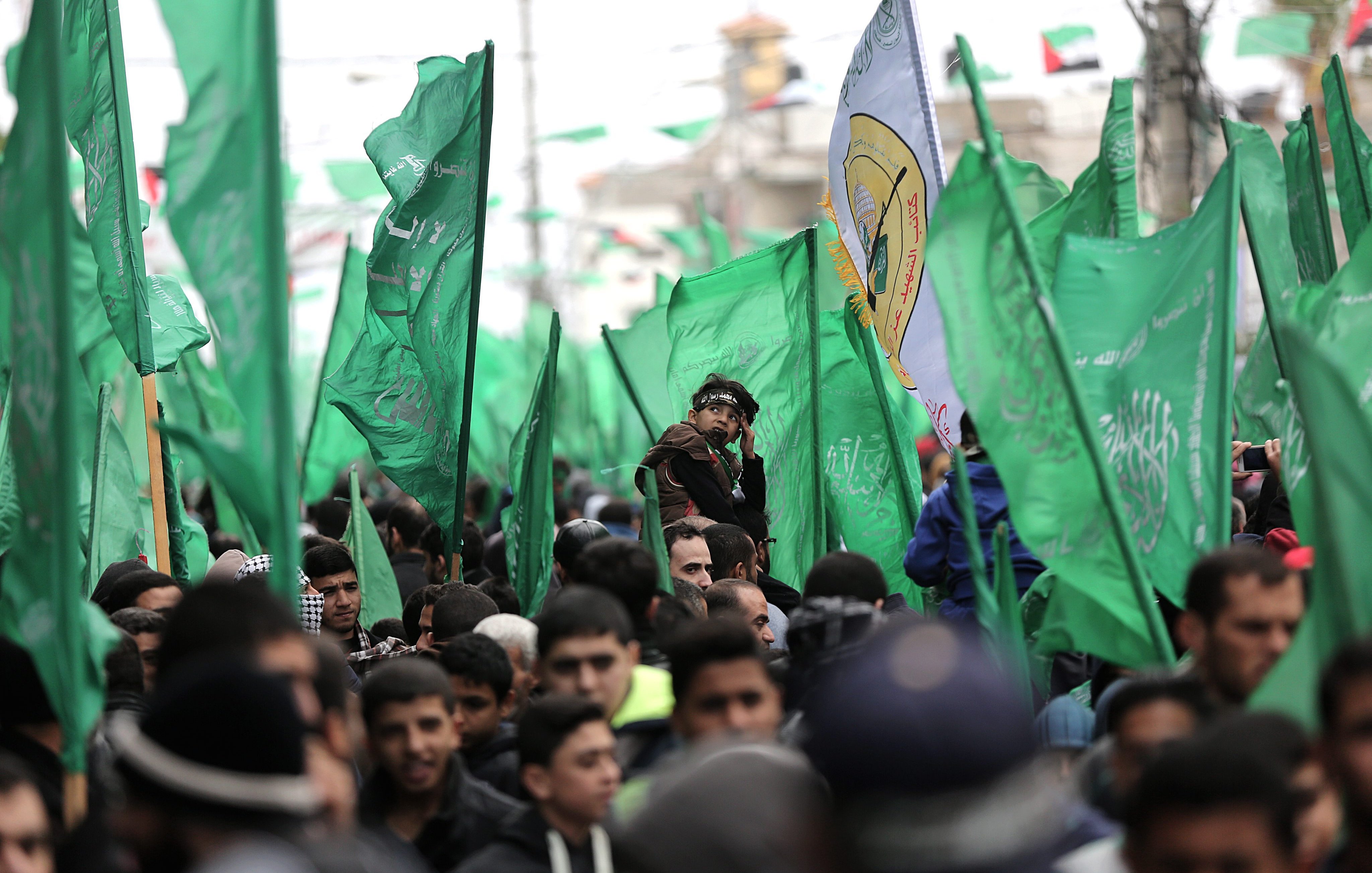 L'image montre une foule lors d'un rassemblement, où de nombreuses personnes portent des drapeaux verts. Les drapeaux semblent représenter un mouvement ou un groupe politique. Au premier plan, on observe un enfant sur les épaules d'un adulte, ce qui suggère une atmosphère de célébration ou de protestation. L'arrière-plan est rempli de personnes, renforçant l'idée d'un événement collectif. L'ambiance générale semble dynamique et engagée.