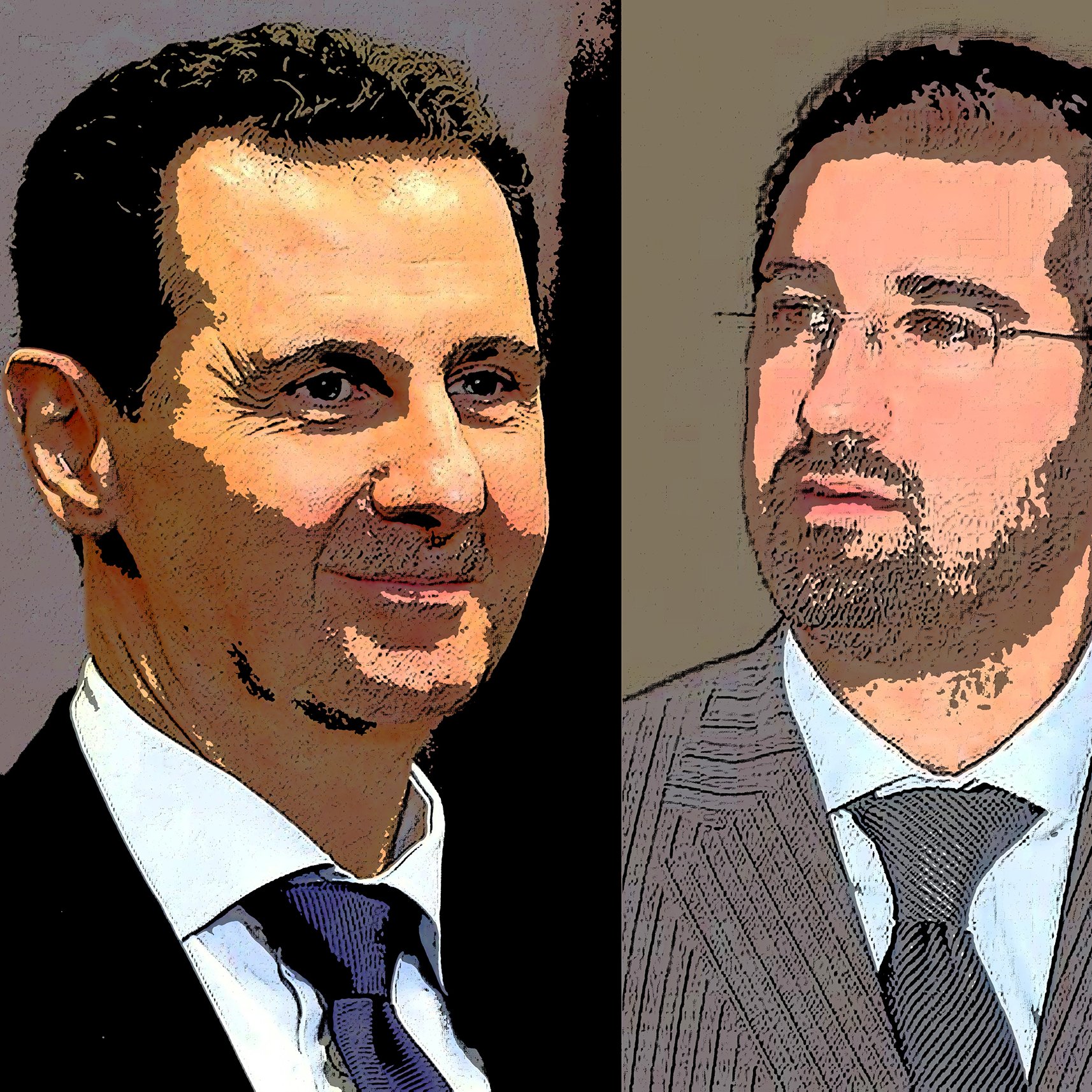 این تصویر دو مرد را به نمایش می‌گذارد که به صورت نیم‌رخ در کنار یکدیگر قرار دارند. هر دو مرد لباس رسمی پوشیده‌اند و به دوربین نگاه می‌کنند. زمینه تصویر به صورت هنری و با رنگ‌های ملایم طراحی شده است. جزئیات صورت‌ها به صورت کارتونی یا هنری نمایش داده شده و ویژگی‌های چهره به وضوح دیده نمی‌شود.