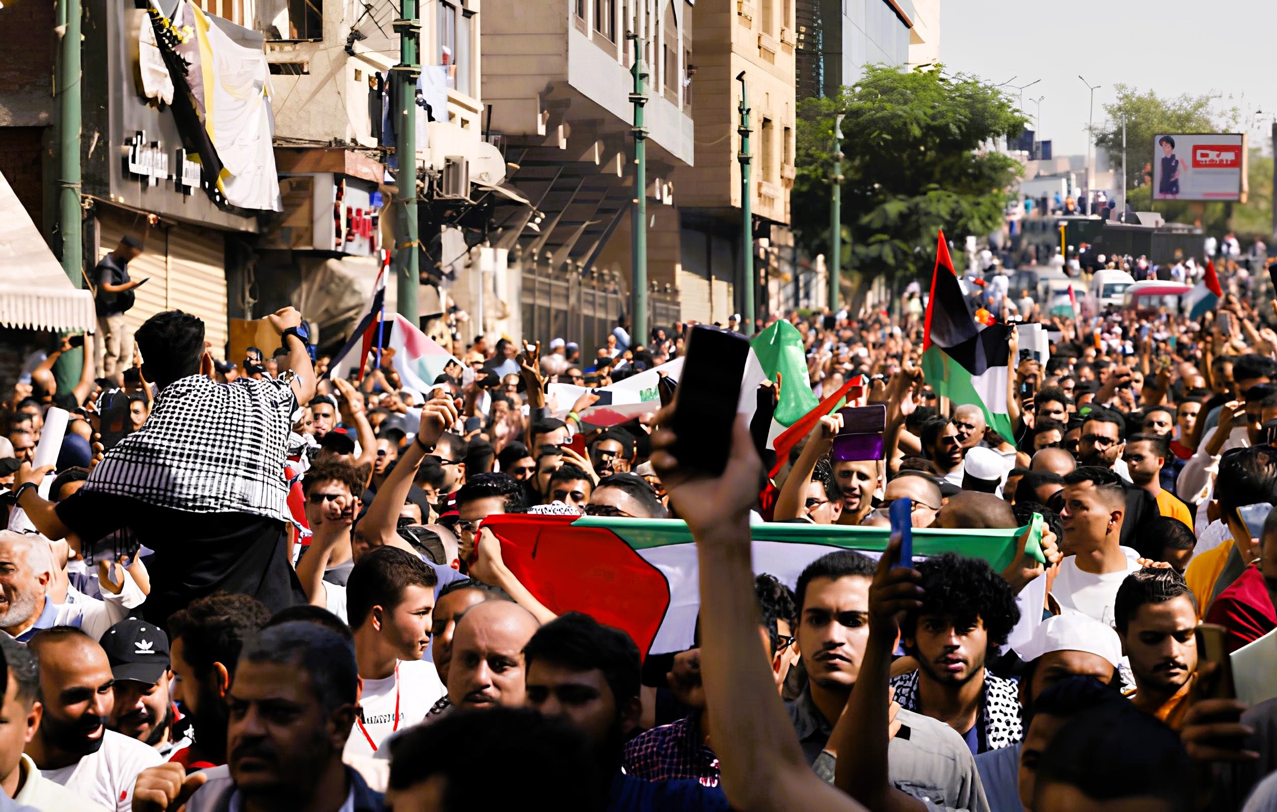 L'immagine mostra una grande folla di persone che partecipa a una manifestazione. Molti degli individui stanno alzando cartelli e bandiere, evidentemente in segno di protesta o per esprimere un messaggio politico. Ci sono bandiere di diversi paesi, tra cui quella palestinese. L'atmosfera sembra intensa e carica di emozione, con la folla che si snoda lungo una strada in un contesto urbano. Le persone appaiono unite e motivate, mentre alcuni sono in piedi su spalle di altri per farsi vedere meglio.