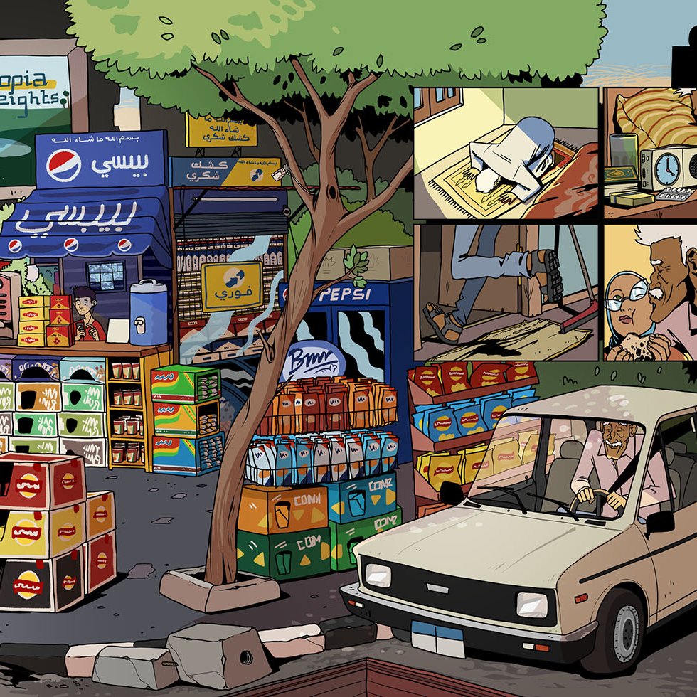 L'immagine mostra una vivace scena di un mercato urbano. Ci sono diversi chioschi e negozi che vendono bevande e snack, con marchi famosi ben visibili. Un'auto parcheggiata in primo piano suggerisce un'atmosfera di vita quotidiana. Nel riquadro in alto a destra, si vedono alcune vignette che raccontano una storia, con personaggi che interagiscono, suggerendo un momento di convivialità o di discussione. L'ambiente è animato, con elementi che evocano una cultura locale vibrante e dinamica.