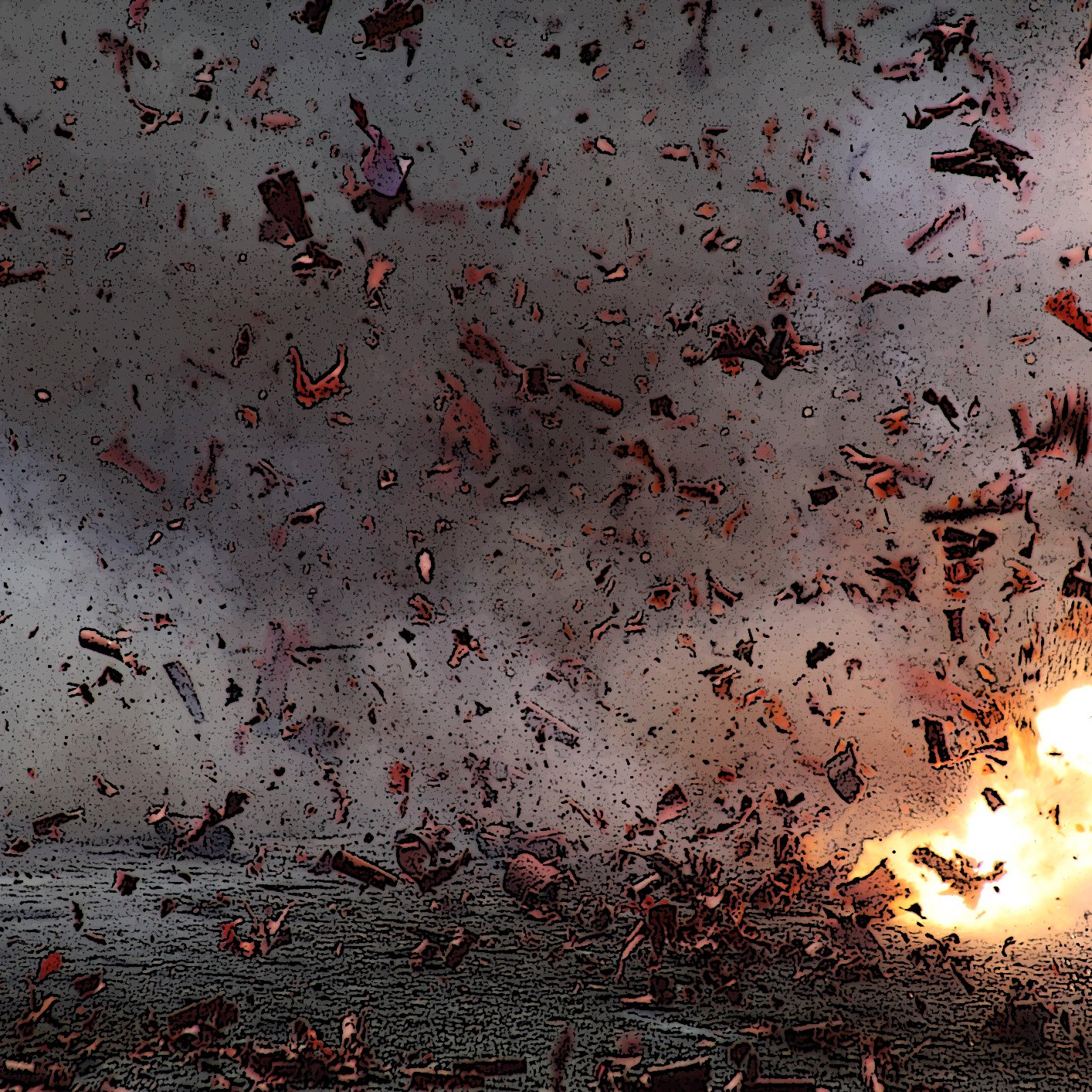 L'image montre une scène chaotique avec des débris projetés dans l'air, suggérant une explosion. Des fragments sont visibles autour, ce qui donne une impression d'énergie et de mouvement intense. En arrière-plan, des éclats lumineux peuvent indiquer la source de l'explosion, créant une atmosphère dramatique et dynamique. L'ensemble dégage une forte sensation d'action.