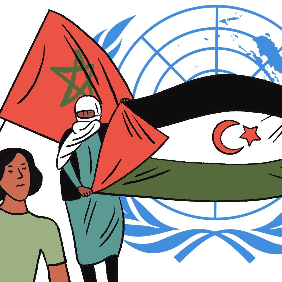 The image features a group of individuals holding a large flag that prominently displays a green field with a white crescent and star in the center, flanked by flags of Morocco and Algeria. In the background, there is a representation of the United Nations emblem. The individuals are dressed in various outfits, including some wearing headscarves, indicating diverse representation. The scene may symbolize a political or cultural statement related to the countries depicted.