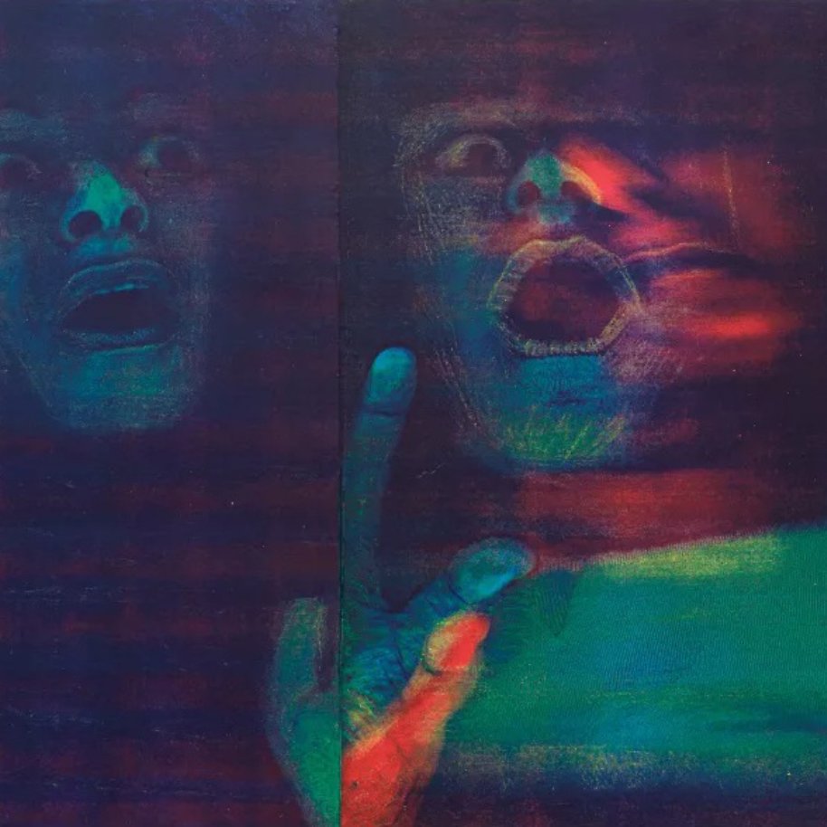 تصویر شامل چهار چهره با حالات متفاوت است؛ ترس، شگفتی و آرامش، در سایه‌ها و رنگ‌های تند.