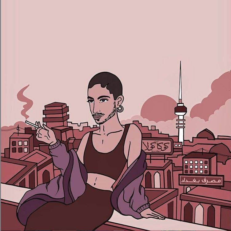 L'image représente une illustration d'une personne assise sur un toit, avec une vue urbaine en arrière-plan. La personne a un style moderne, portant un haut court et des accessoires comme une boucle d'oreille. Elle fume une cigarette et semble détendue, observant la ville autour d'elle. Les couleurs de l'image sont principalement des tons roses et marron, créant une ambiance nostalgique. En arrière-plan, on aperçoit des bâtiments et une tour, ajoutant à l'aspect urbain de la scène.