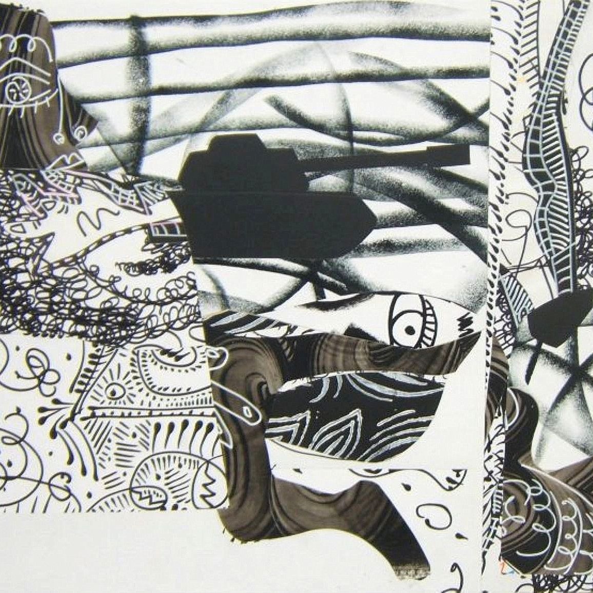 L'image présente une composition artistique abstraite, mélangeant des formes organiques et géométriques. On y trouve des éléments comme des silhouettes, des motifs en noir et blanc, ainsi que des dessins enchevêtrés qui créent une impression de mouvement et de profondeur. Les textures variées et les lignes complexes semblent interagir, évoquant une atmosphère à la fois mystérieuse et dynamique. Des éléments de la nature, comme des arbres ou des yeux stylisés, ajoutent une dimension symbolique à l'ensemble.