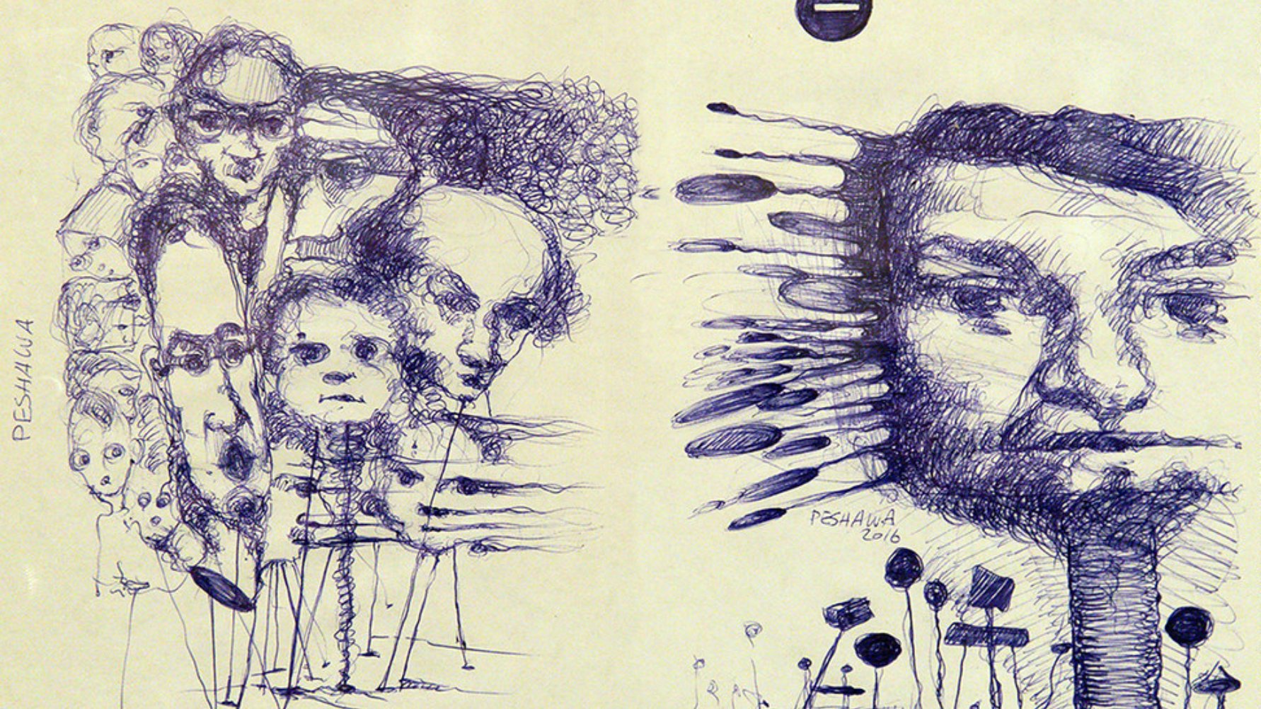 الصورة تبدو كعمل فني يتضمن رسومات باللون الأزرق، حيث تظهر مجموعة من الوجوه المتنوعة المعبرة والمشوهة قليلاً. في الجانب الأيسر، هناك عدة تفاصيل لوجوه بشرية تتداخل مع بعضها، بينما يظهر في الجانب الأيمن وجه آخر بشكل أكثر وضوحًا. تُستخدم الخطوط والأشكال لإضافة عمق وتعبيرات قوية، مما يخلق تأثيرًا فنيًا مميزًا. التصميم يبدو معقدًا ويعكس أسلوب فني حديث.