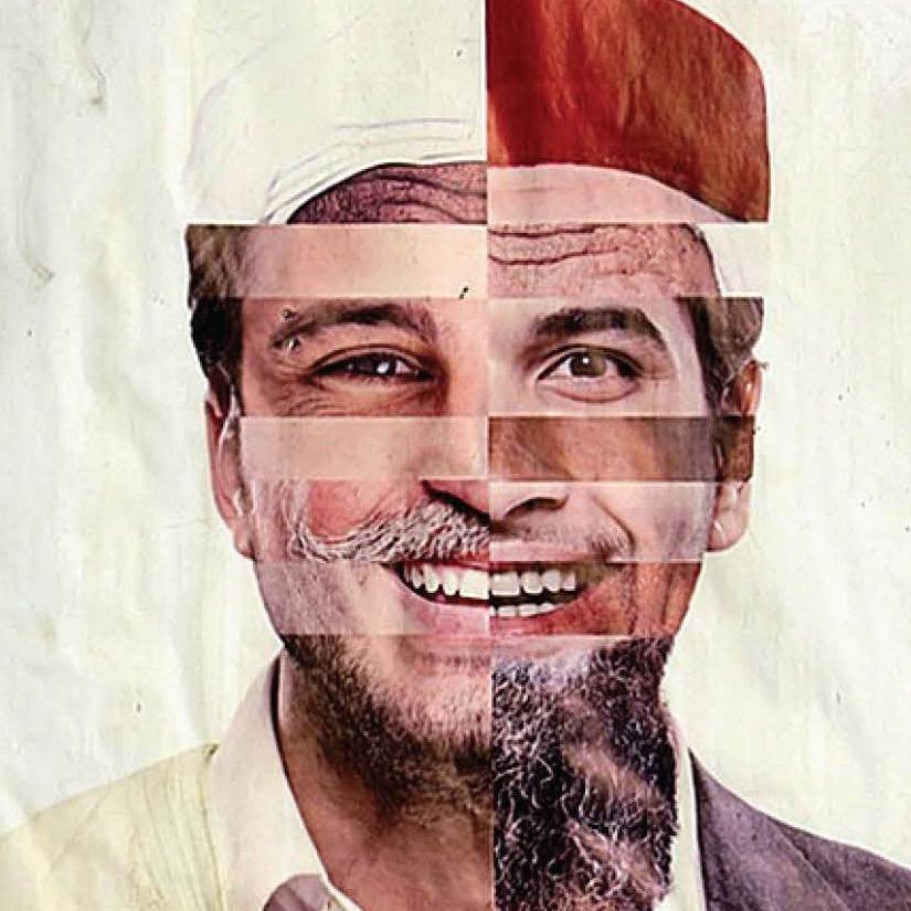 تظهر الصورة صورة مدمجة لشخص، حيث تم تقسيم الوجه إلى عدة أجزاء. كل جزء يظهر بتعبيرات مختلفة، مما يعطي انطباعًا عن تعدد الهوية. الأجزاء تشمل أنواع مختلفة من اللحى وعمامات متنوعة، مما يعكس تنوع الثقافات والتقاليد. الخلفية بسيطة ومخدوشة، مما يركز الانتباه على الوجه المكون من الأجزاء المختلفة.