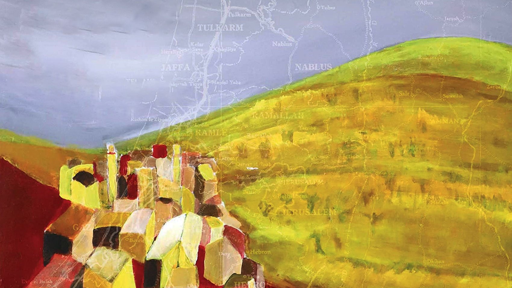 L'image présente une composition artistique qui semble représenter un paysage. On y voit des collines aux teintes variées, avec des nuances de jaune et de vert. À l'avant, des formes géométriques, peut-être des bâtiments, sont peintes en rouge et en jaune. En arrière-plan, une carte se dessine, évoquant une région géographique, avec des noms de villes comme Jaffa, Nablus et Jenin, suggérant une connexion à un contexte historique ou culturel. Le ciel est nuageux et tout cela crée une ambiance à la fois paisible et mystérieuse.
