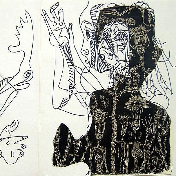 L'image présente deux figures stylisées dessinées avec des lignes noires sur fond blanc, et l'une des figures est partiellement remplie de motifs noirs. À gauche, un visage féminin aux traits abstraits se distingue, tandis qu'à droite, une autre figure stylisée semble avoir des éléments floraux ou humanoïdes autour d'elle. Les lignes sont sinueuses et fluides, créant un effet dynamique et moderne. L'ensemble évoque un style artistique contemporain, peut-être inspiré par le cubisme ou l'art linéaire.