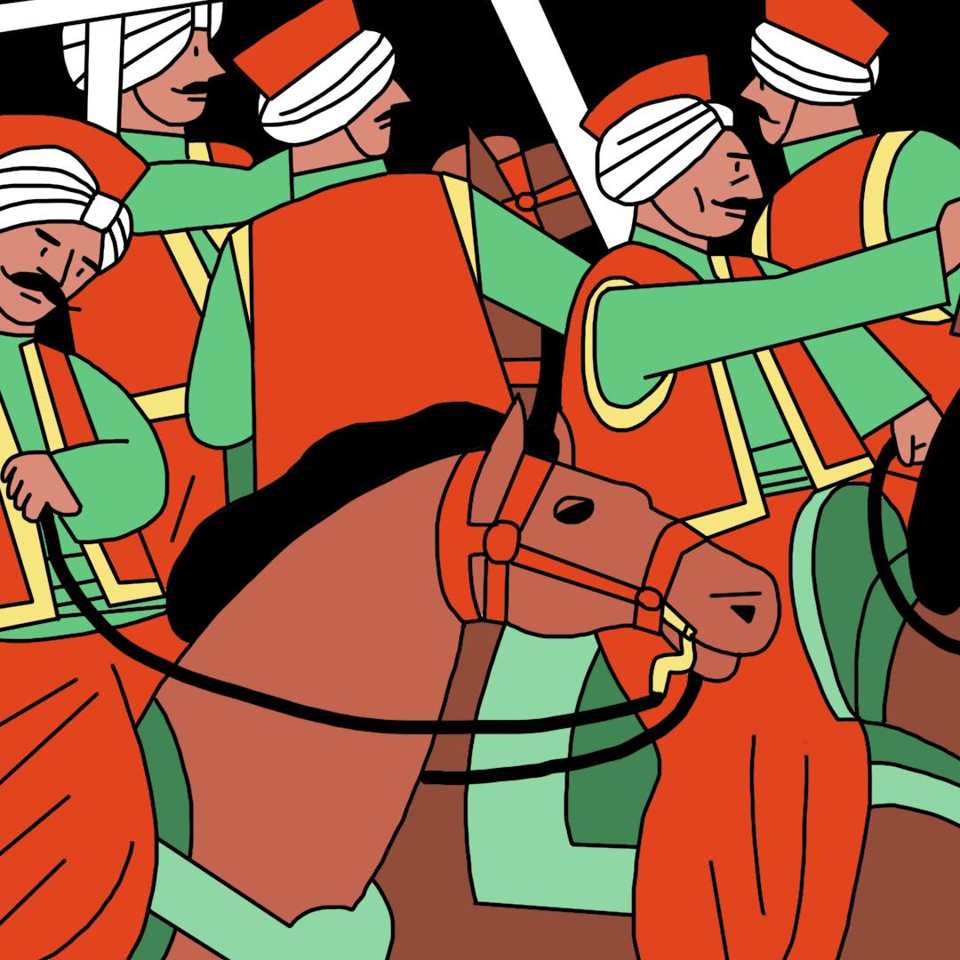 La imagen muestra a un grupo de jinetes con vestimenta tradicional, principalmente en tonos naranjas y verdes. Están montando caballos y parecen llevar estandartes o lanzas. Los jinetes tienen turbantes en la cabeza y están en una formación que sugiere movimiento, como si estuvieran marchando o participando en una celebración. El fondo es de color negro, lo que hace que los colores de la vestimenta y los caballos resalten.