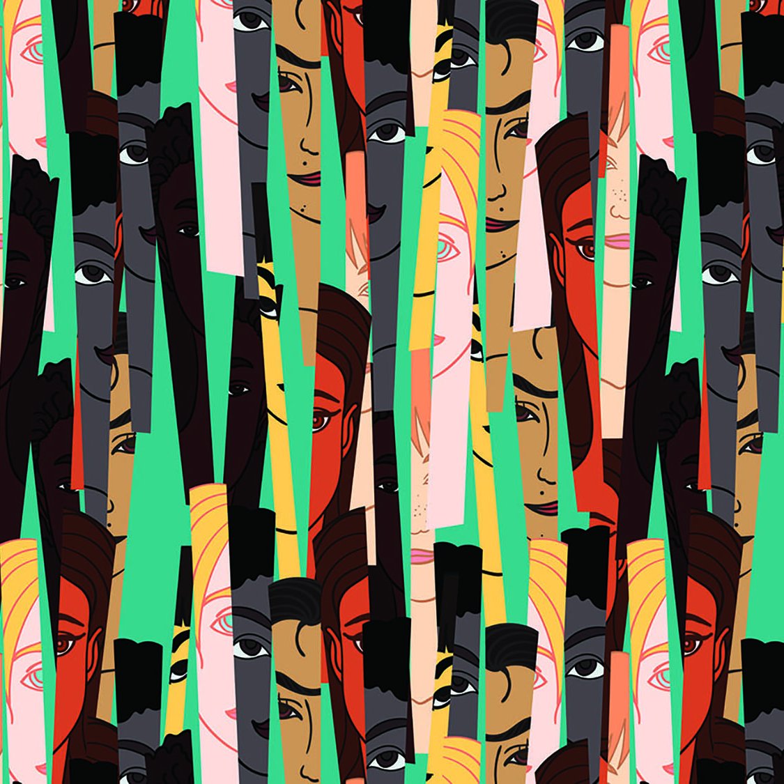 این تصویر یک الگوی هنری انتزاعی را نشان می‌دهد که شامل چهره‌های مختلف انسان‌هاست. چهره‌ها در رنگ‌های متنوع و با جزئیات متفاوتی طراحی شده‌اند و در بین آن‌ها نوارهایی از رنگ‌های مختلف وجود دارد که به ایجاد حس عمق و حرکت کمک می‌کند. ترکیب رنگ‌ها و شکل‌ها حس تنوع و چندگانگی را منتقل می‌کند.