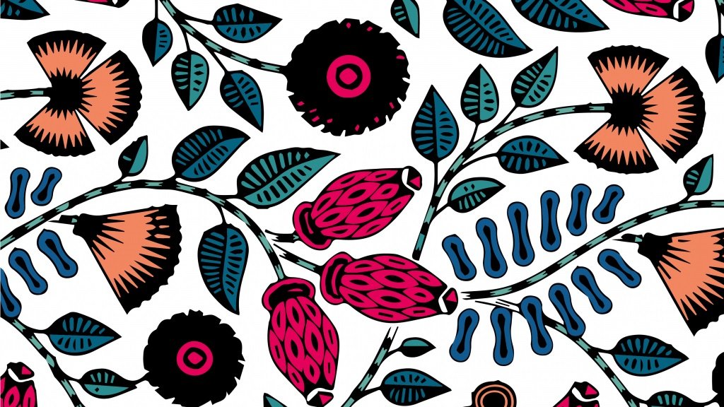 L'image présente un motif floral coloré sur fond blanc. On y aperçoit diverses fleurs stylisées, telles que des fleurs noires et des fleurs dans les tons rose et orange. Les tiges et les feuilles, d'un vert vif, s'entrelacent avec des formes organiques en bleu. L'ensemble crée une composition dynamique et graphique, évoquant une ambiance joyeuse et pleine de vie.