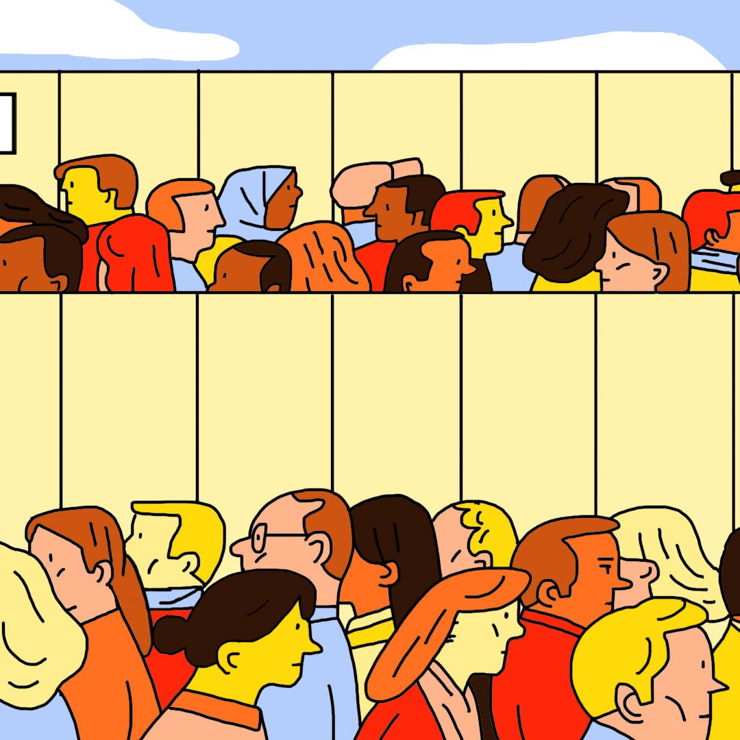 La imagen muestra dos secciones de una multitud. En la parte superior, hay una etiqueta que dice "NON JUIFS" (no judíos) y en la parte inferior dice "JUIFS" (judíos). Cada sección presenta un grupo diverso de personas con diferentes características físicas, y están organizadas en columnas, lo que da la idea de separación entre los dos grupos. El estilo de la ilustración es colorido y caricaturesco.