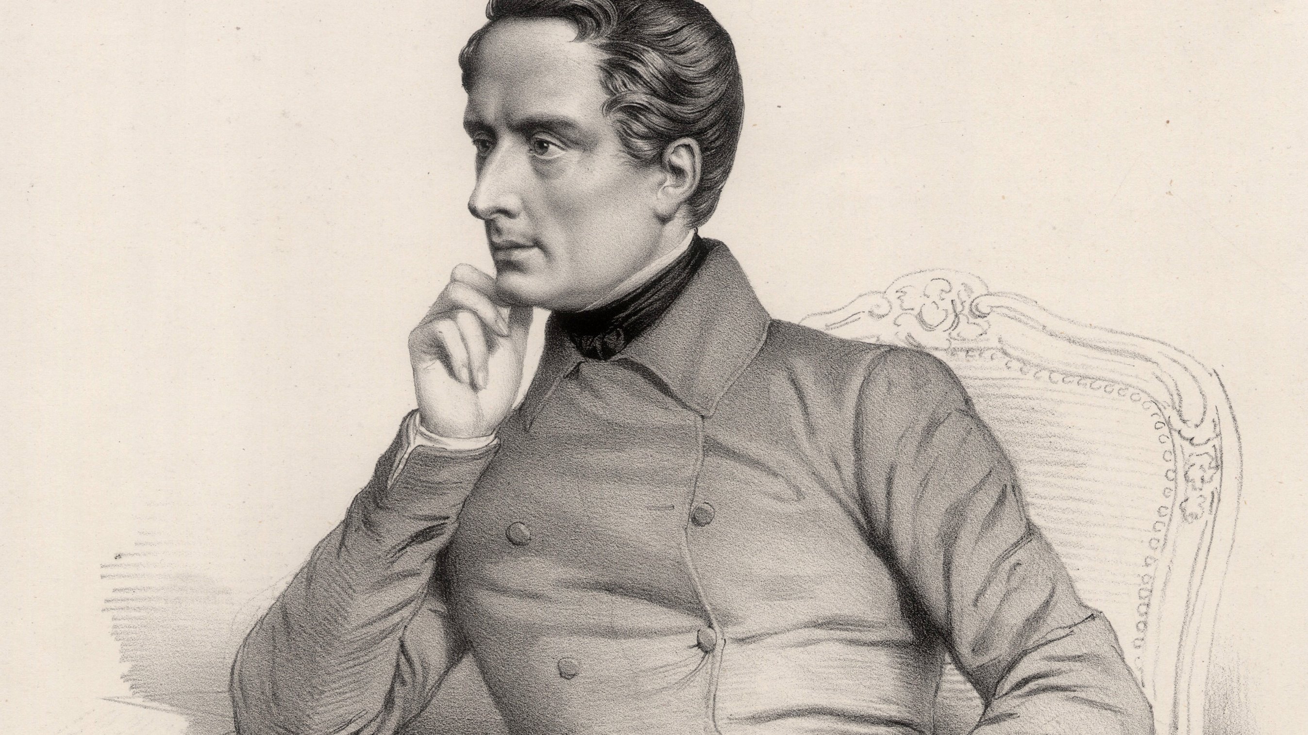 The image features a seated man in a contemplative pose. He has a thoughtful expression, resting his chin on his hand. The man is dressed in a buttoned coat and appears to be in a relaxed yet poised position on an ornate chair. The illustration has a classic, formal style, indicating a historical context. The background is simple, focusing the attention on the figure.