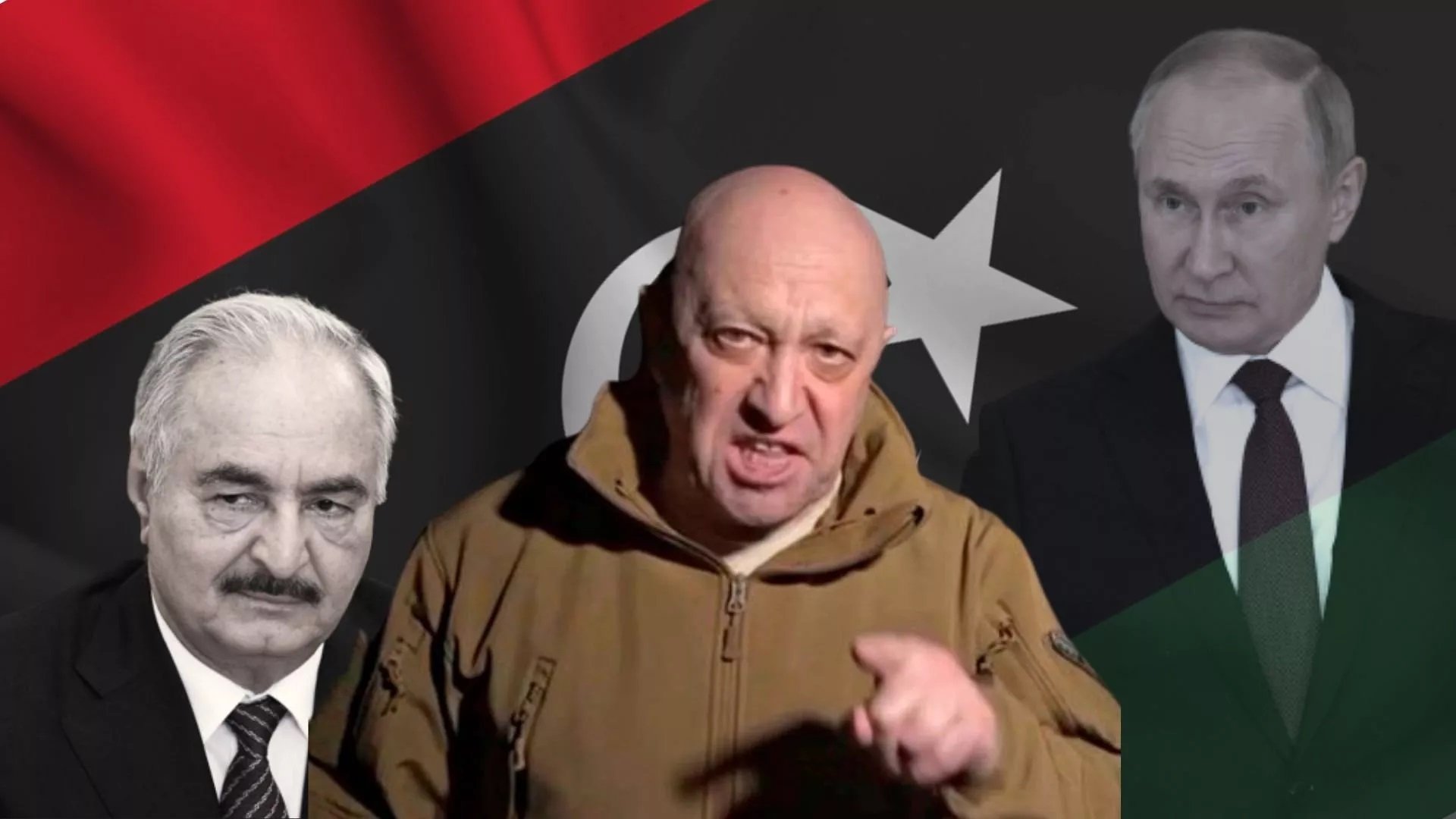 L'image présente un homme au premier plan, portant une veste kaki et exprimant visiblement une émotion forte. En arrière-plan, il y a des drapeaux, notamment un drapeau libyen avec des couleurs rouge, noir, et vert, ainsi qu'une étoile et un croissant. De chaque côté de l'homme, on peut voir deux silhouettes ou visages flous, qui représentent probablement des figures politiques. L'atmosphère de l'image semble tendue, avec des éléments visuels qui suggèrent un contexte politique ou militaire.
