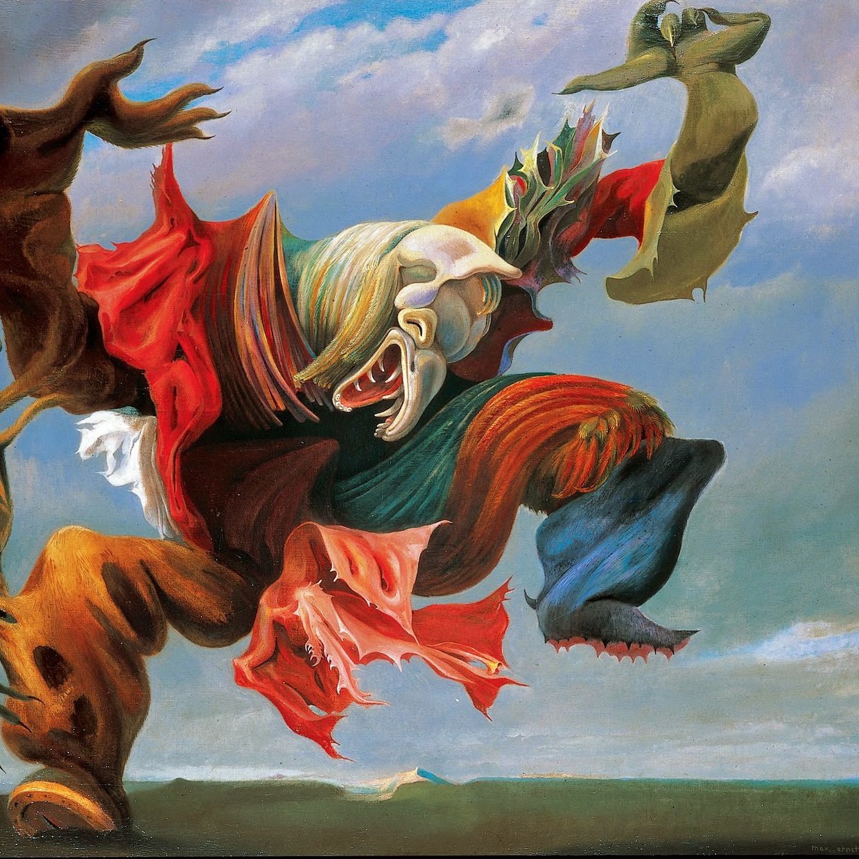 The image depicts an abstract, surrealist painting featuring a dynamic figure with exaggerated and distorted features. This figure appears to be in motion, possibly dancing or running, with flowing garments that blend into the surrounding landscape. The colors are vibrant, with a mix of earthy tones and bold reds, creating a sense of drama. In the background, there are hints of a sky and horizon that ground the scene, while the figure itself evokes a sense of emotional intensity and chaos. The overall composition combines elements of the bizarre and fantastical, characteristic of surrealism.