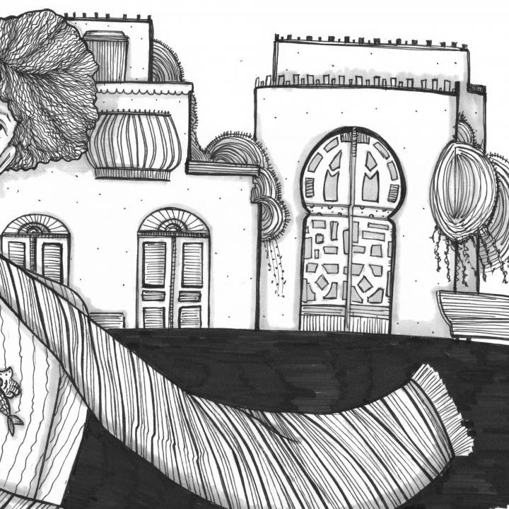 این تصویر یک شخصیت خیالی یا هنری را نشان می‌دهد که ظاهری منحصر به فرد دارد. چهره او با ویژگی‌های خاصی مانند موی حجم‌دار و لباسی متفاوت طراحی شده است. در پس‌زمینه، سازه‌های معماری با جزئیات تجسم یافته‌اند که نشان‌دهنده یک محیط شهری یا روستایی خاص است. خطوط و سایه‌ها در تصویر به شدت استفاده شده‌اند تا عمق و ابعاد را به نمایش بگذارند و به کلیت اثر حالتی هنری و جذاب ببخشند.