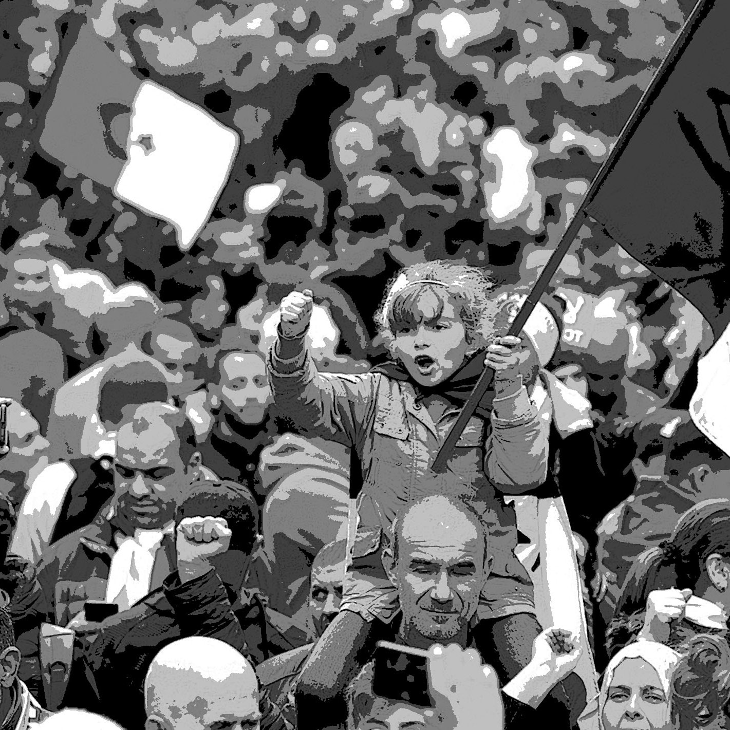 در این تصویر، جمعیتی از مردم در حال برگزاری یک اعتراض یا تجمع دیده می‌شود. یک دختر کوچک بر دوش یک مرد نشسته و در حال بلند کردن پرچم است. او با فریاد زدن و نشان دادن مشت خود، نشان‌دهنده شور و هیجان را دارد. اطراف او بزرگ‌ترها در حال ابراز احساسات خود هستند و برخی از آن‌ها نیز پرچم‌هایی در دست دارند. فضای کلی تصویر به‌طور مؤثری نشان‌دهنده اتحاد و جنبش مردم برای یک هدف مشترک است.