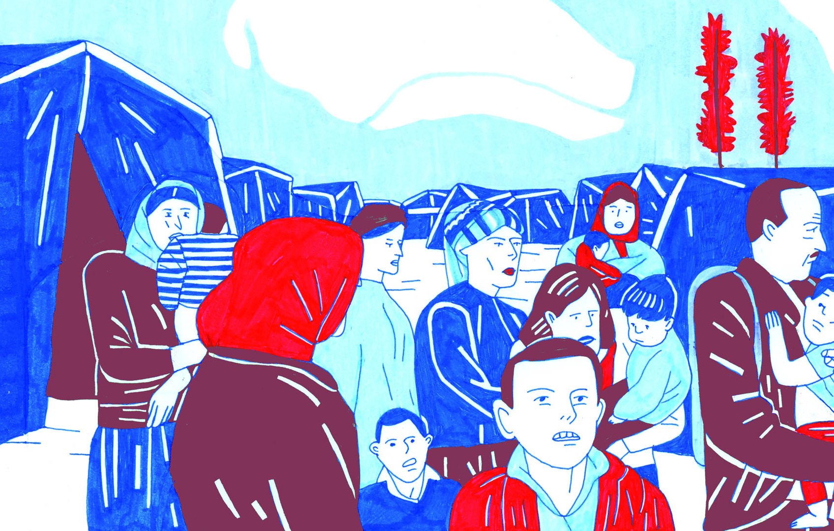 L'image représente une scène dans un camp de réfugiés. On y voit plusieurs personnes, dont des adultes et des enfants, se rassemblant autour de tentes. Les visages semblent exprimer diverses émotions, allant de l'inquiétude à la détermination. Les couleurs dominantes sont des tons bleus et rouges, ce qui donne à l'ensemble une atmosphère vibrante. En arrière-plan, on aperçoit des arbres, ajoutant un élément naturel à cette situation difficile. L'ensemble de l'illustration évoque des thèmes de solidarité et de résilience face à l'adversité.