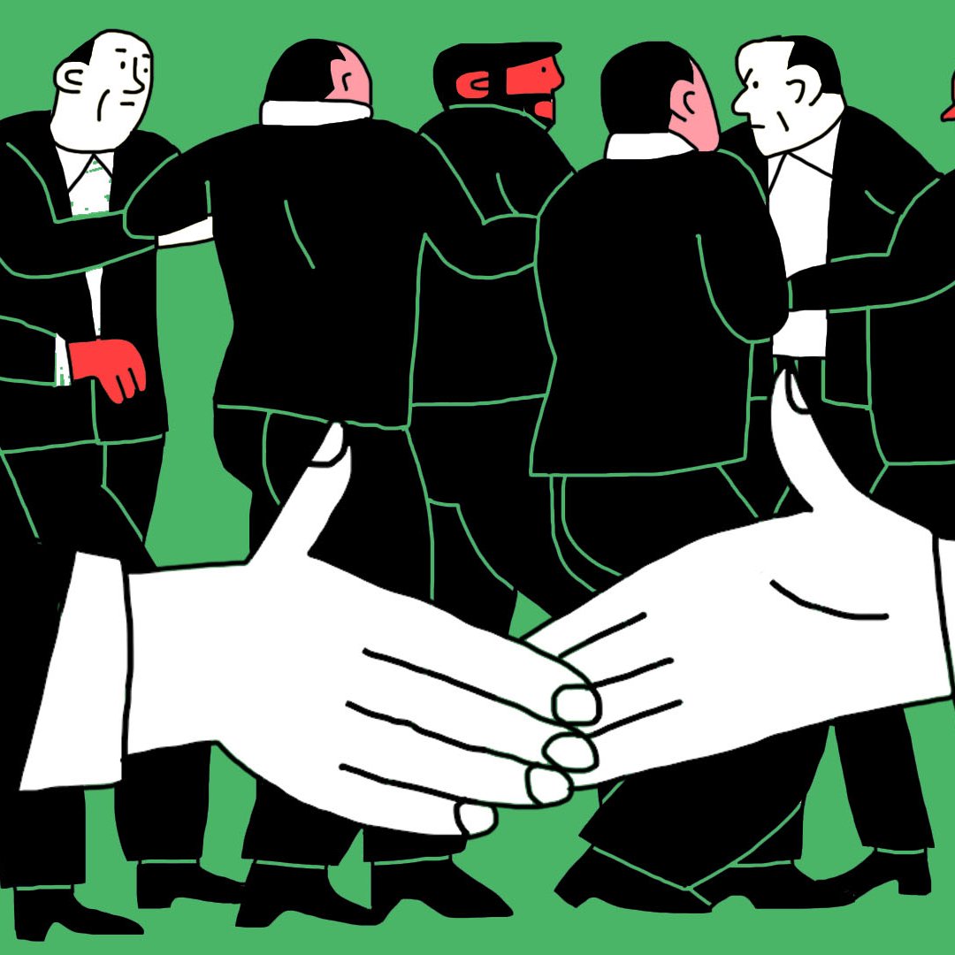 La imagen muestra a un grupo de hombres vestidos con trajes formando un círculo o grupo en un fondo verde. Al frente, hay un par de manos blancas extendidas en un gesto de apretón de manos. Los hombres parecen estar en una conversación o interacción entre ellos, mientras que las manos del primer plano indican un acuerdo o un saludo. El estilo de la ilustración es gráfico y simplificado, con líneas claras y un uso de colores contrastantes.