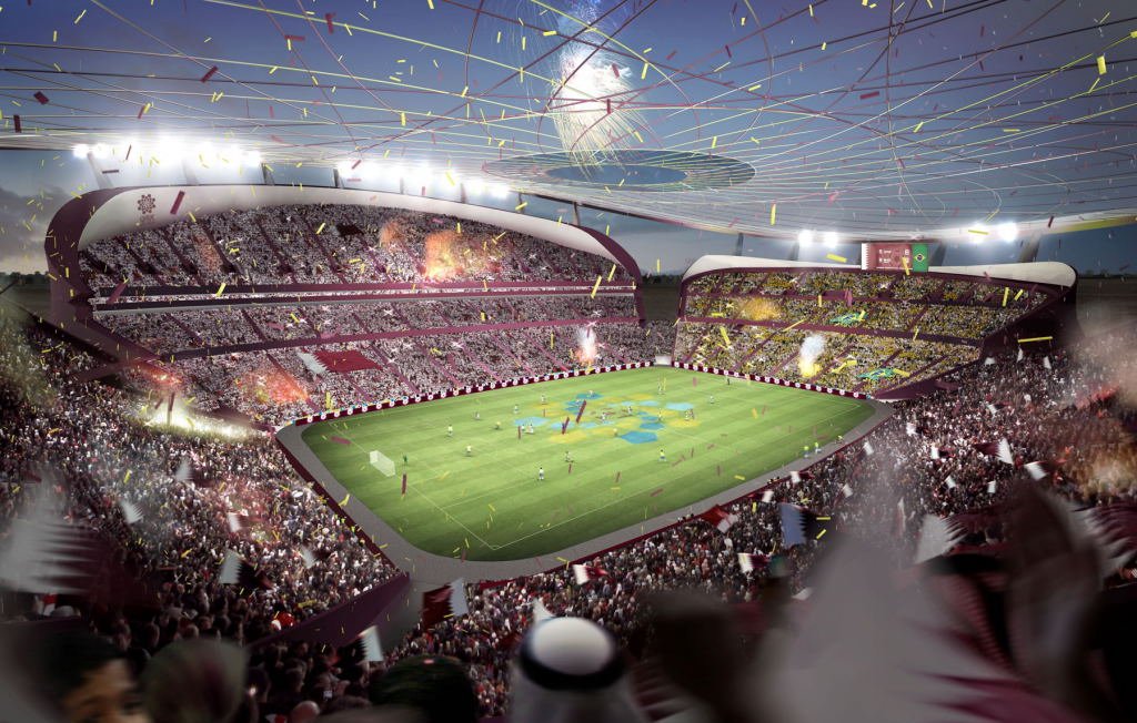 L'image représente un grand stade de football rempli de spectateurs enthousiastes. On peut voir des tribunes pleines, avec des fans agitant des drapeaux et des confettis qui tombent du ciel. Le terrain est bien verdoyant, et on aperçoit des joueurs au centre, en pleine action. Le ciel semble chargé de couleurs vives et de lumières, créant une ambiance festive et dynamique. L'ensemble de la scène évoque une atmosphère de célébration et d'excitation sportive.