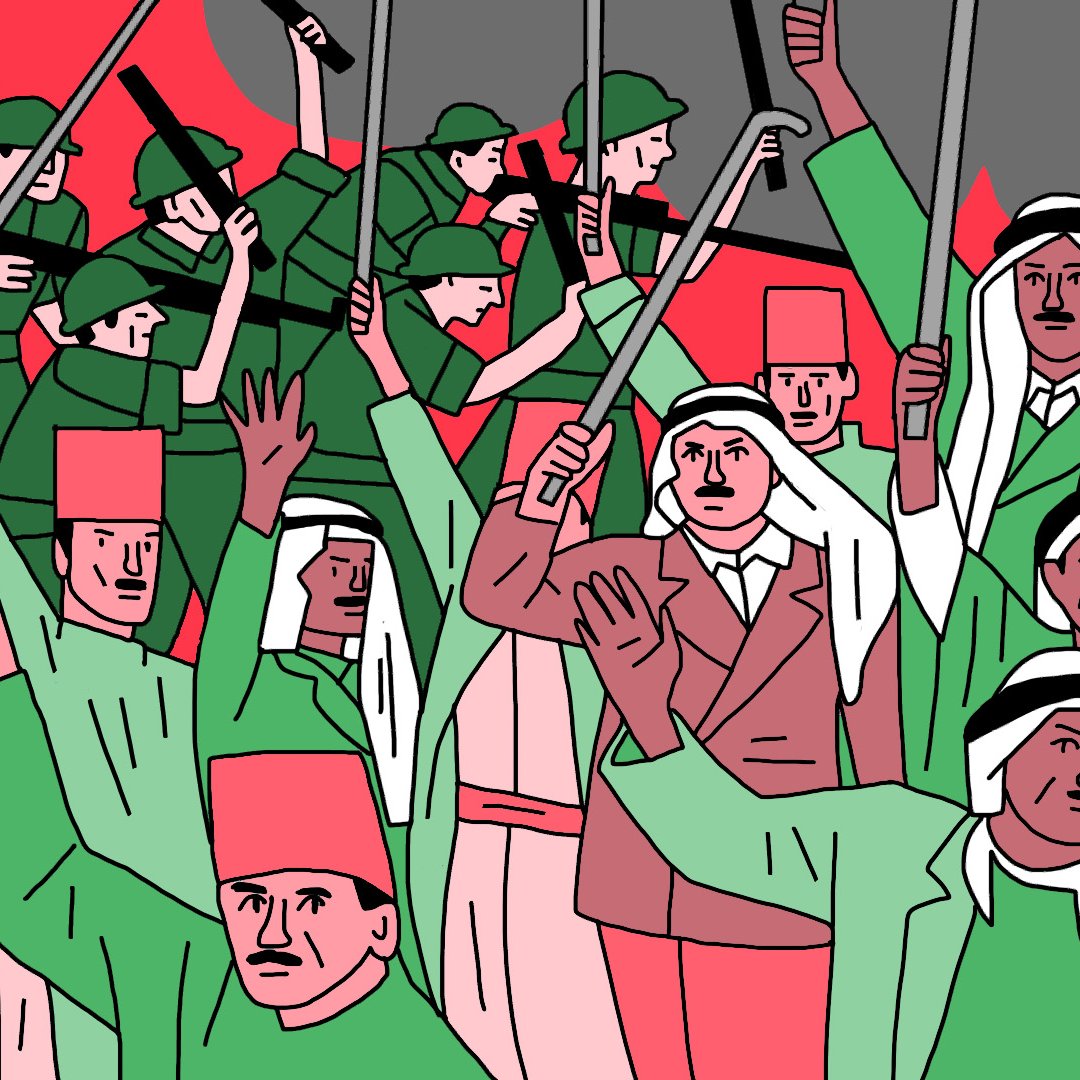 L'image représente une scène de protestation ou de révolte. On y voit un groupe de personnes brandissant des drapeaux et des bâtons, avec des expressions déterminées sur leurs visages. En arrière-plan, on distingue des soldats armés. Les personnages portent des vêtements traditionnels et des uniformes militaires, et l'ensemble de l'image est dominé par des couleurs vives, notamment du rouge et du vert, ce qui accentue l'intensité de la scène. L'atmosphère semble chargée d'émotion et de tension.