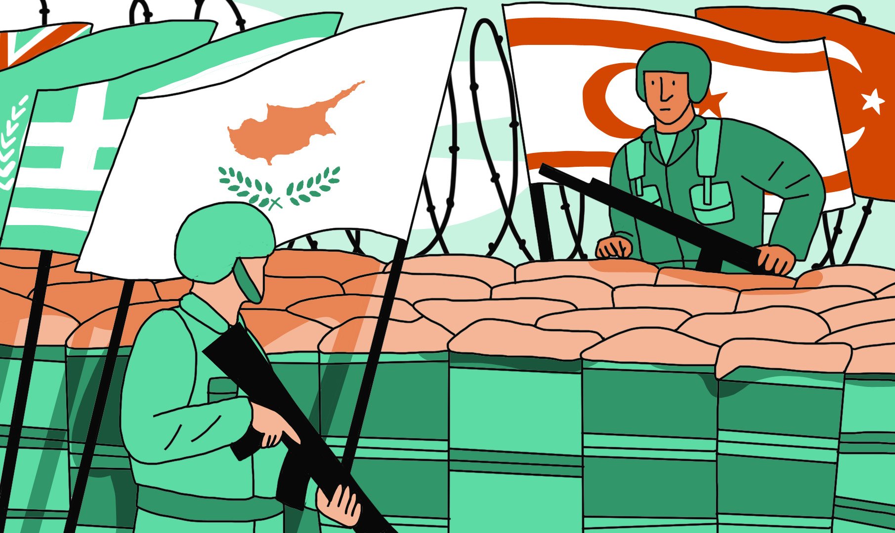 La imagen muestra a dos soldados en un entorno con barricadas, sosteniendo rifles. Al fondo, se pueden ver banderas que representan a Chipre (con un diseño que incluye el mapa del país y una rama de olivo) y a Turquía. El escenario sugiere una situación de tensión o división, posiblemente relacionada con conflictos históricos en la región. El estilo de la ilustración es simple y colorido, con un fondo en tonos suaves.