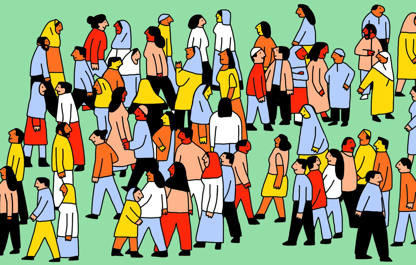 L'image représente un grand groupe de personnes de différentes tailles, formes et vêtements, évoluant dans un environnement coloré. Elles se déplacent dans diverses directions sur un fond vert. Les personnages sont dessinés dans un style graphique simple et accrocheur, avec des couleurs vives. Certaines personnes portent des vêtements traditionnels, tandis que d'autres affichent un style plus moderne. Cette scène évoque une atmosphère dynamique et animée, illustrant la diversité et l'interaction sociale.