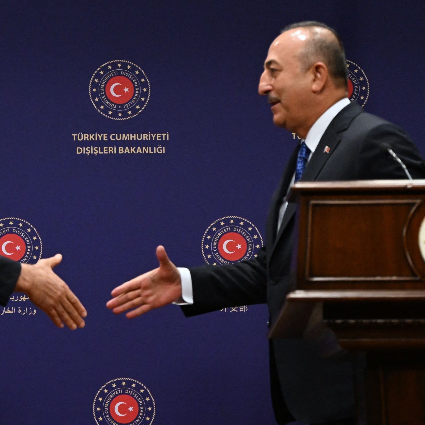 در این تصویر، دو مرد در حال دست دادن با یکدیگر هستند. پس‌زمینه تصویر شامل لوگویی با رنگ آبی و نمادهای ملی ترکیه است. یکی از این افراد لباس مشکی به تن دارد و دیگری لباس رسمی با رنگ تیره و کراوات پوشیده است. این صحنه به نظر می‌رسد که مربوط به یک مراسم رسمی یا کنفرانس مطبوعاتی است.