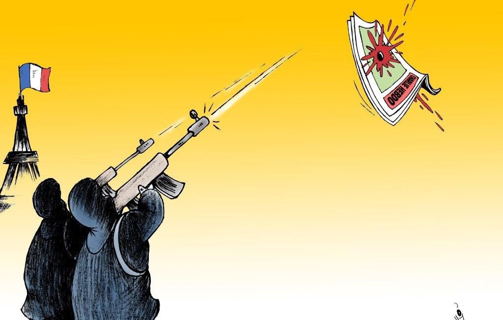 L'image représente des silhouettes de personnes armées pointant leurs fusils vers un billet de banque qui s'envole, décoré d'un symbole de danger. En arrière-plan, on peut voir la silhouette de la Tour Eiffel et un drapeau français, suggérant un contexte lié à la France. L'ensemble de l'image est dominé par des couleurs vives, avec un fond jaune qui attire l'attention. Cette illustration semble aborder des thèmes de violence, de monnaie et peut-être de critique sociale ou politique.