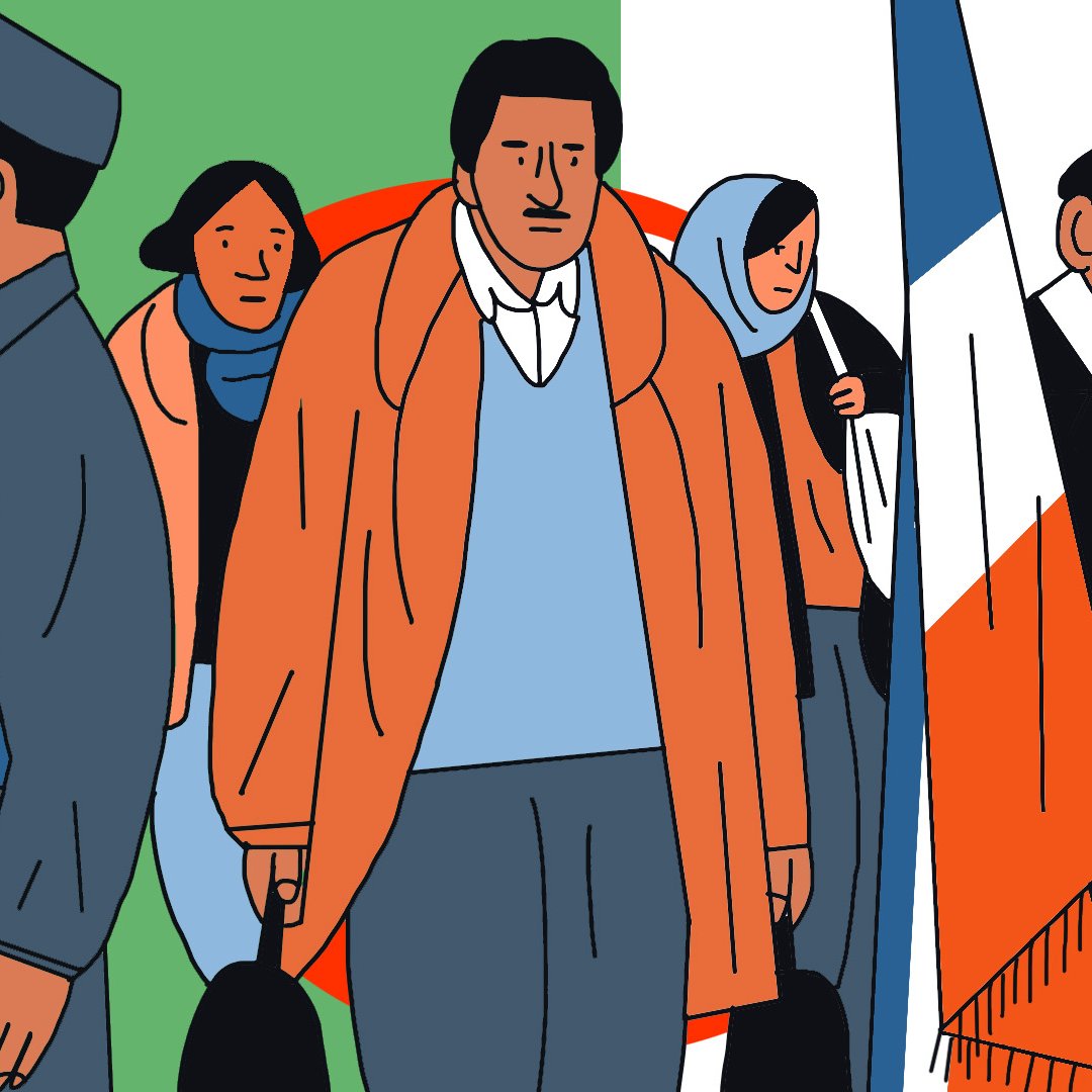 La imagen muestra a varias personas en una composición artística. A la izquierda, se destaca un hombre con un uniforme de soldado y un arma. A su lado, hay un grupo de personas que incluye a dos mujeres, una con un abrigo y otra con un pañuelo en la cabeza, así como un hombre con un abrigo largo que parece preocupado. A la derecha, hay otra figura que sostiene dos banderas, una de las cuales tiene los colores de la bandera de Francia. El fondo presenta colores contrastantes, como verde, naranja y blanco, que aportan dinamismo a la ilustración.