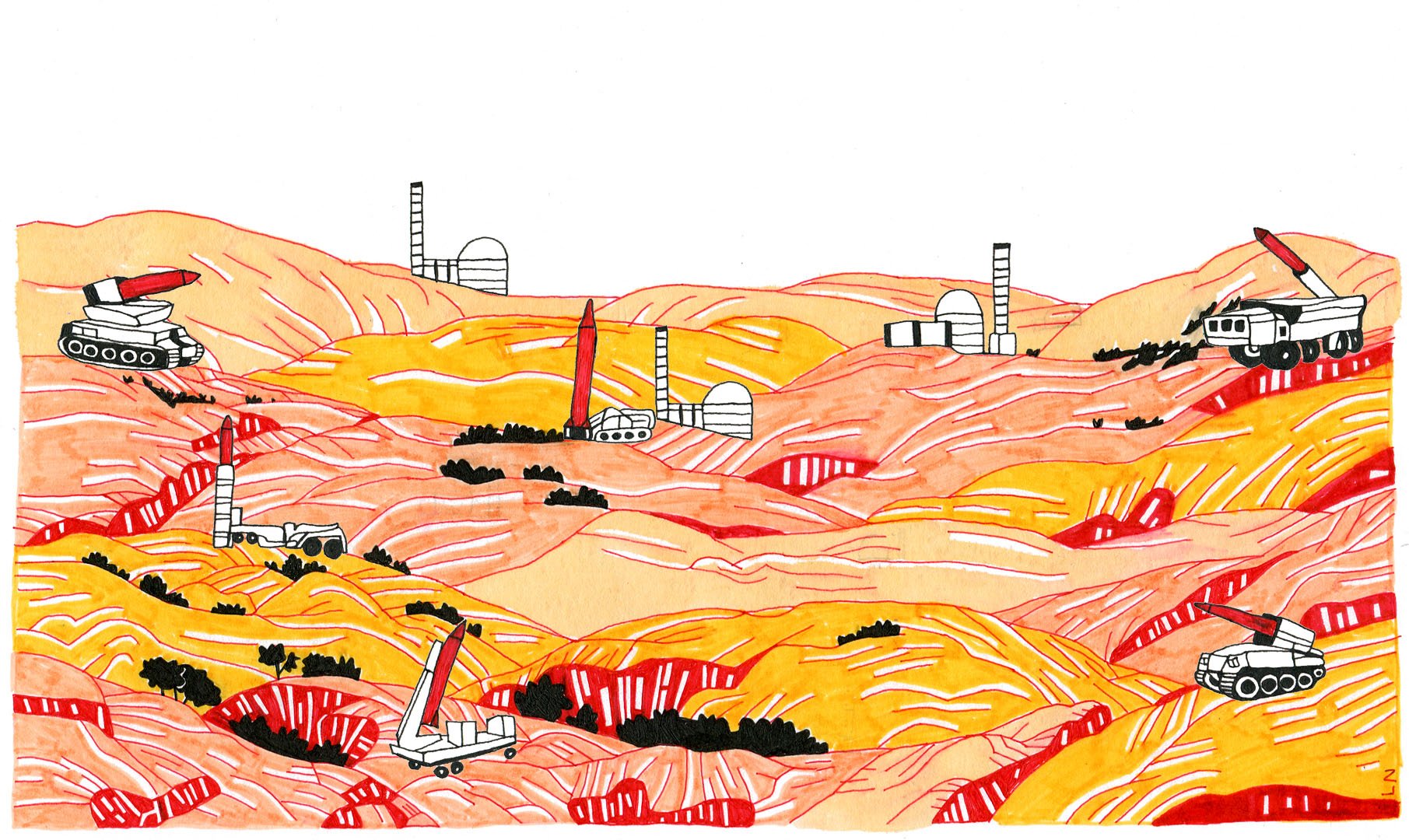 L'image représente un paysage désertique aux teintes chaudes, avec des collines ondulées colorées en orange et rouge. Plusieurs véhicules, probablement des engins de construction ou d'exploration, sont dispersés dans le paysage. On peut voir des structures ressemblant à des installations industrielles, comme des silos ou des détecteurs, à l'arrière-plan. L'ensemble donne une impression d'environnement extraterrestre ou de zone sur laquelle des activités industrielles ont lieu.
